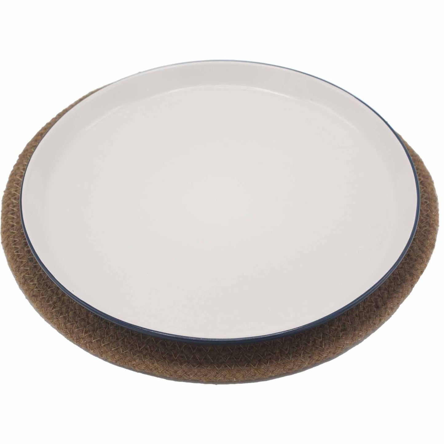 Jute & Cotton Natural Placemat – 30CM circular placemat with natural jute border under a white plate, rustic table decor