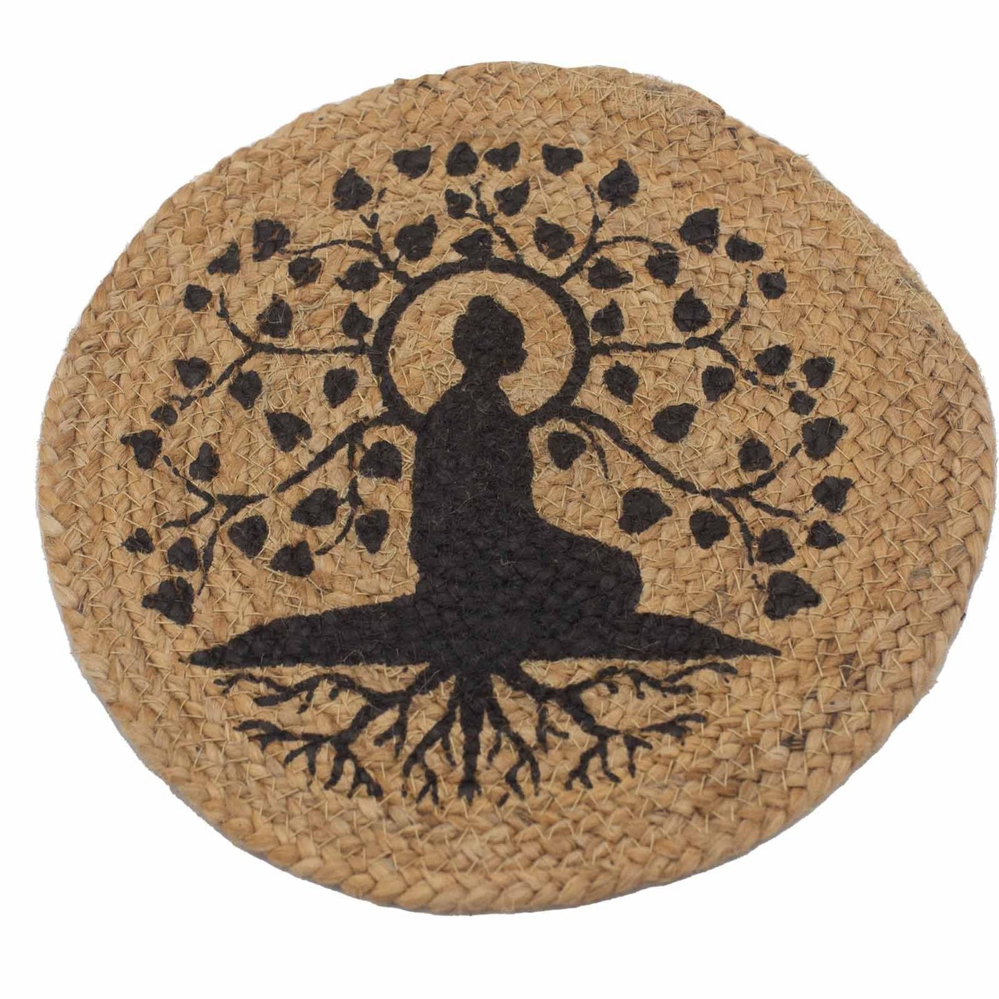 Jute Cotton Placemat – 30CM Bodhi Tree Print round natural jute placemat with black Bodhi tree and meditating figure design
