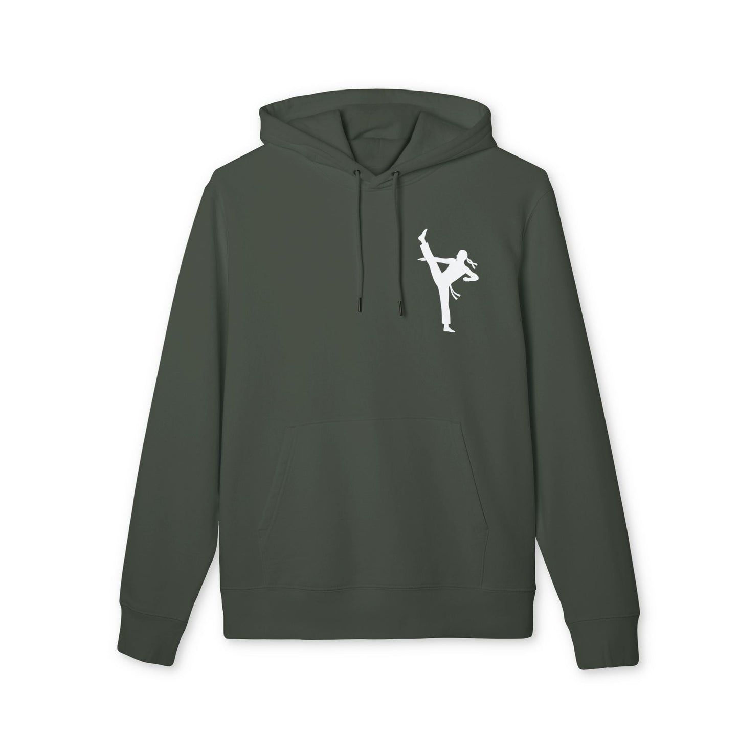 Alt Tag: Karate Kick Sustainable Unisex Hoodie verde oscuro con capucha y cordones, estampado blanco de patada de karate en el pecho