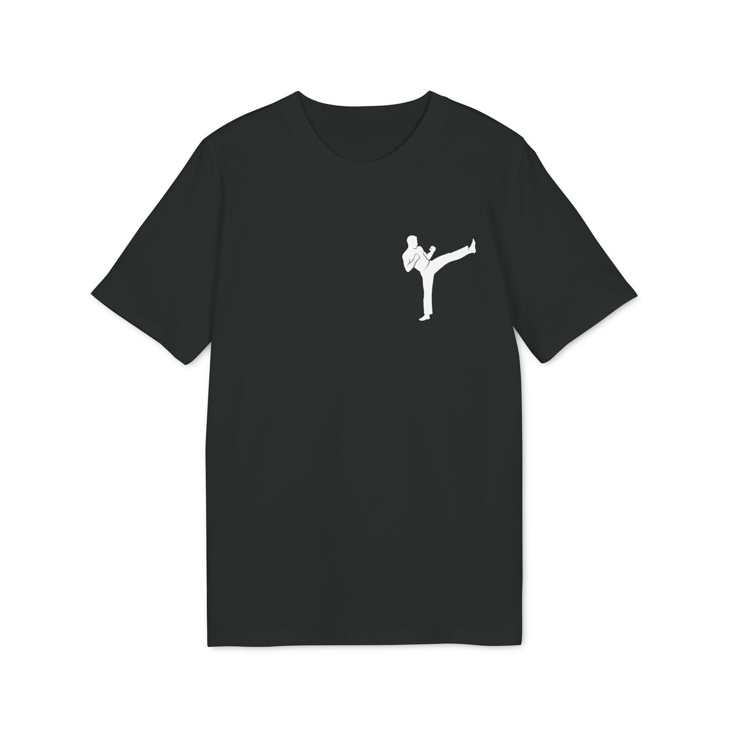 Alt Tag: Karate Kick Sustainable Unisex Tee black t-shirt with white karate high-kick graphic on chest