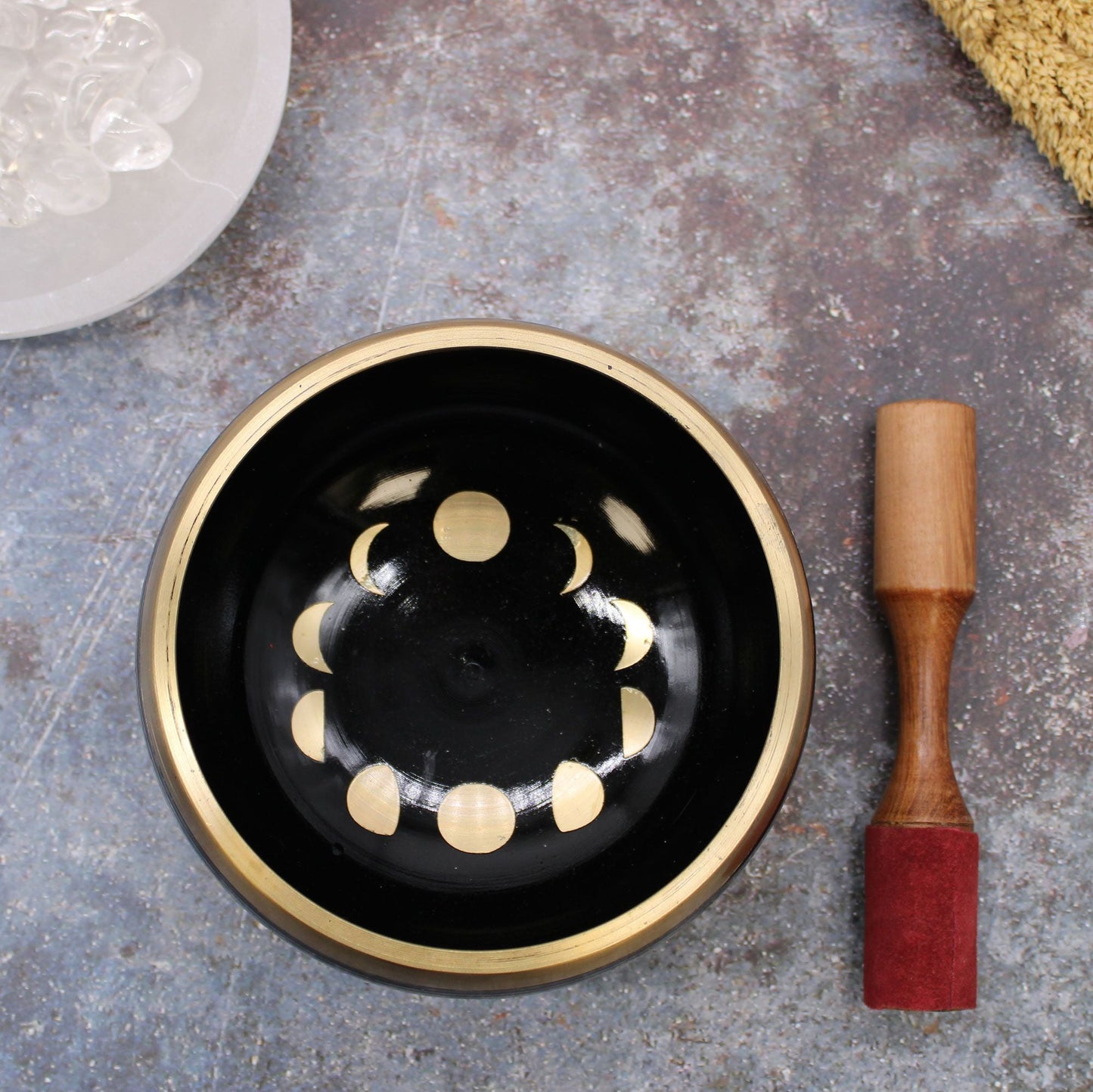 Alt Tag: Large Moon Phase Singing Bowl Set – Black – 14 CM matte black 14 cm singing bowl with gold moon phase design and wooden mallet