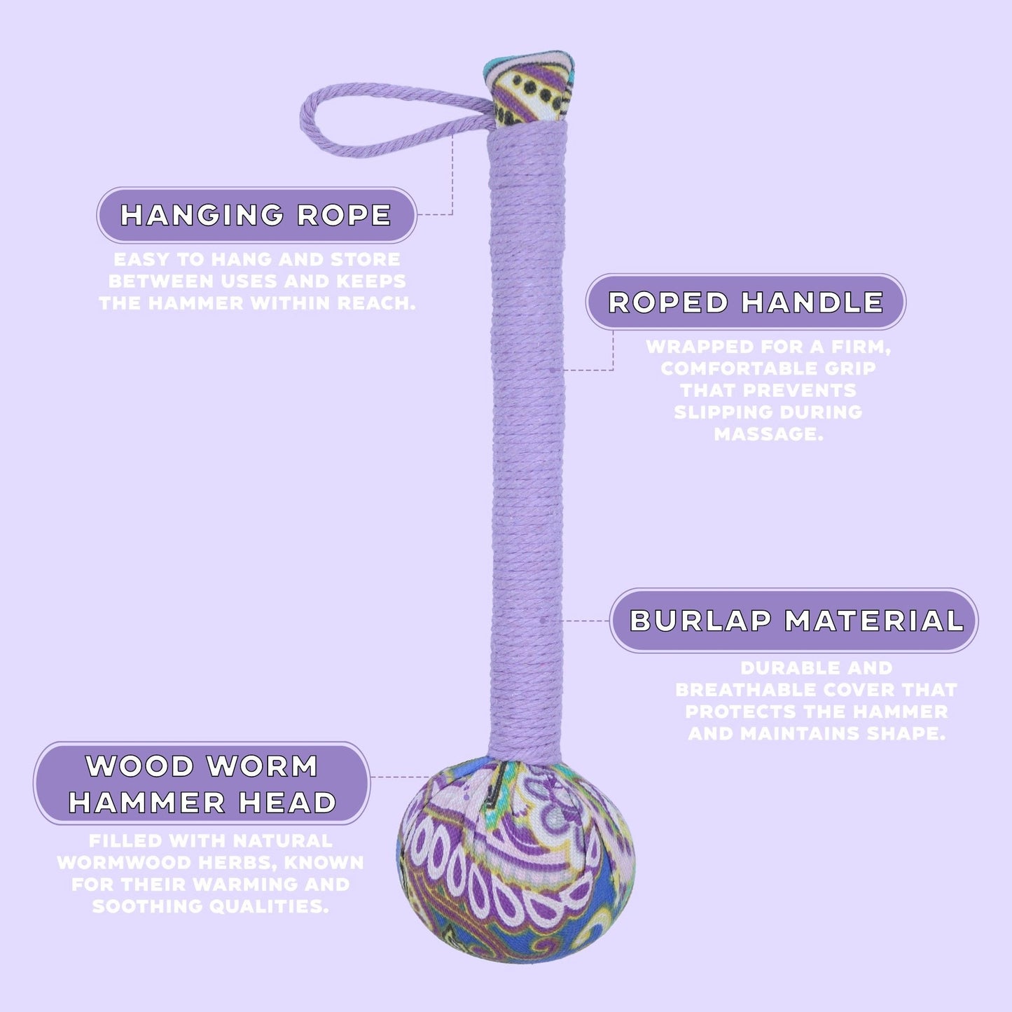 Martillo de masaje de lavanda y ajenjo – herramienta de madera con mango envuelto en cuerda, cuerda para colgar, envoltura de arpillera y cabeza de martillo de madera con forma de gusano
