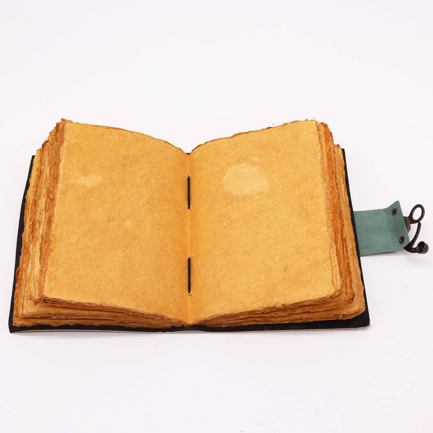Leather “Moon Phases” Deckle-Edge Notebook – 7 × 5 in open view with deckle-edge pages and leather cover on white background