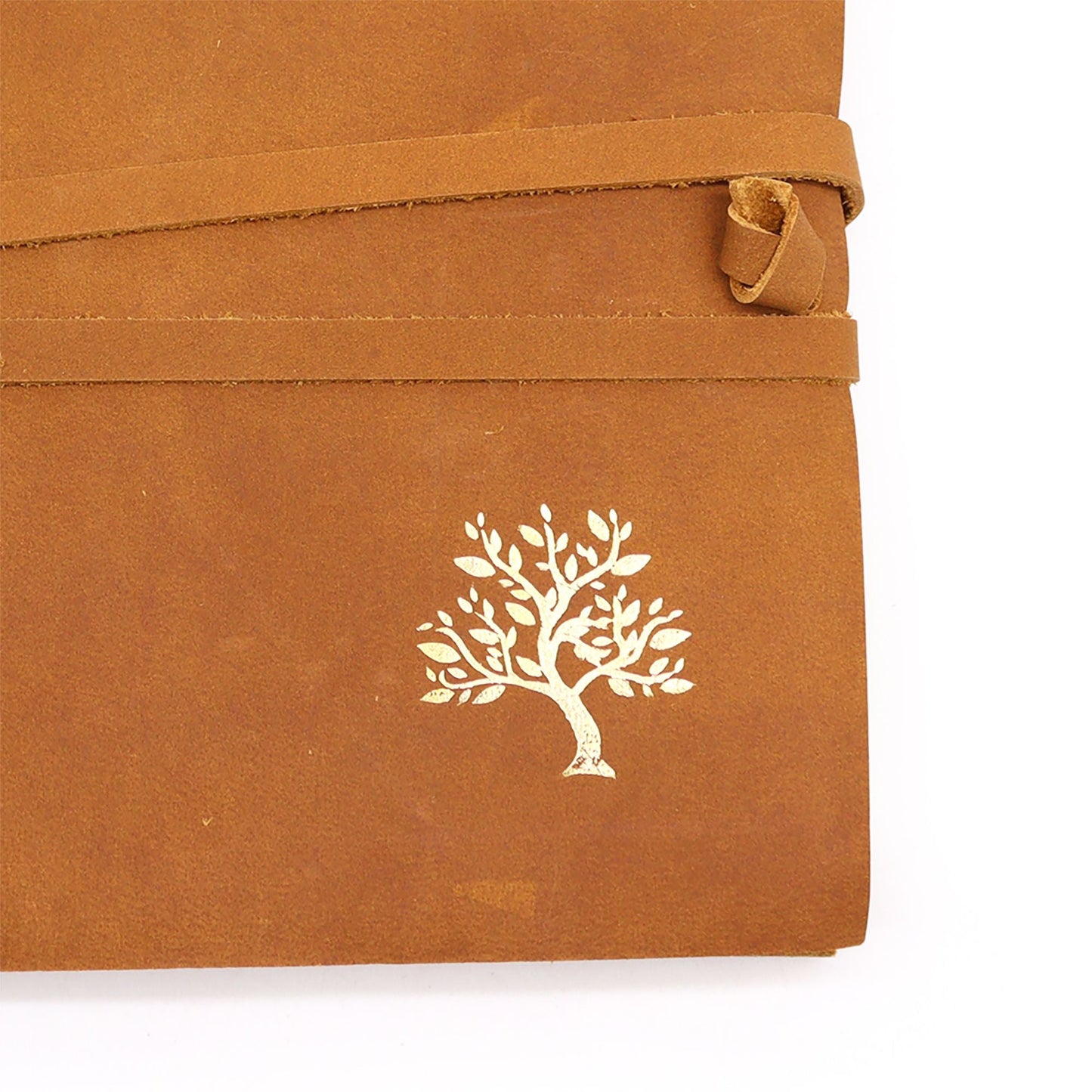 Leather Sketchbook – Golden Tree Design (144 Pages, 18 × 23 CM) genuine leather cover with golden tree motif and wrap tie closure