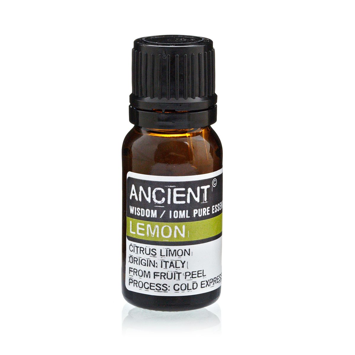 Lemon Essential Oil – 10 ML bottle of Italian cold-pressed lemon peel essential oil, 10ml amber glass with black cap