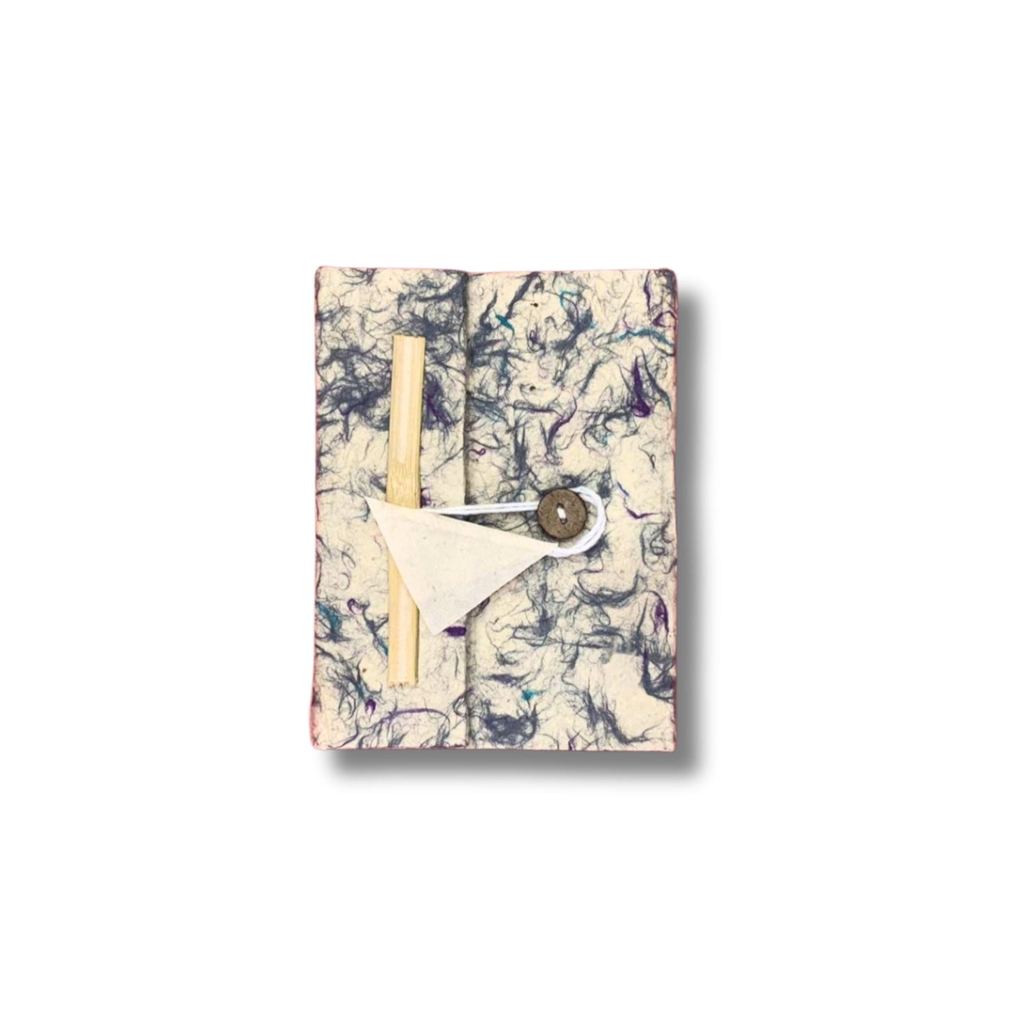 Lokta Mixed Blue Cotton Notebook – 12x8CM, 40 Pages with marbled lokta paper cover and blue cotton fibers, button tie closure
