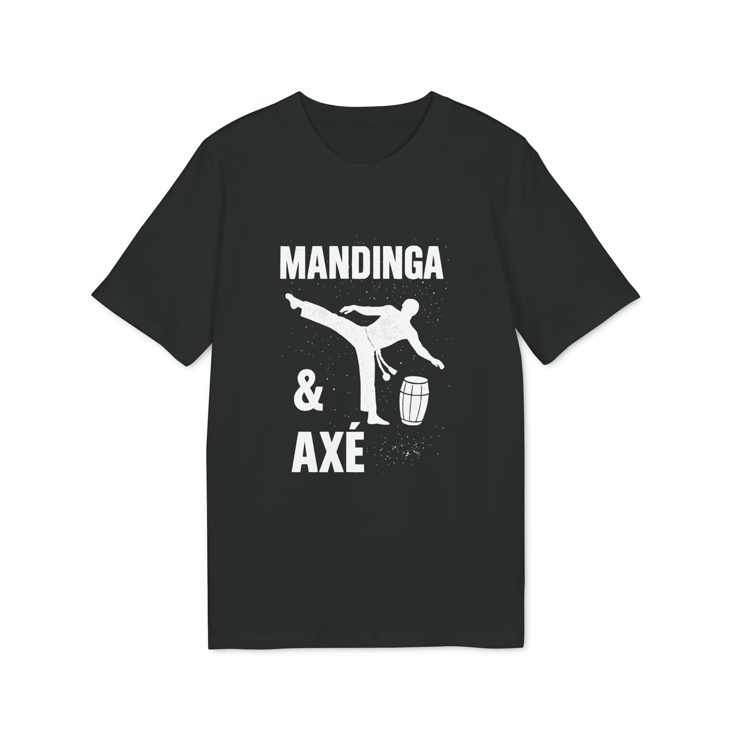 Alt Tag: Mandinga Axe Capoeira Premium Unisex T-Shirt negra con gráfico “Mandinga & Axé” y silueta de capoeirista con atabaque