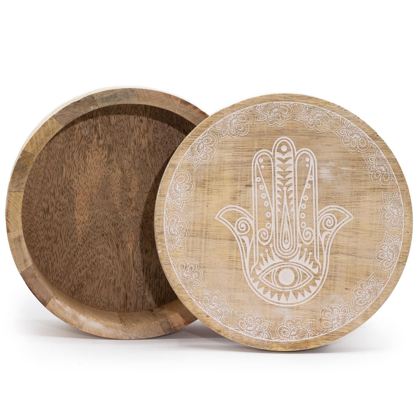 Mango Wood Hamsa Box – 17.5x7.5 CM, rund handgjord ask i mangoträ med graverat lock i Hamsa-design