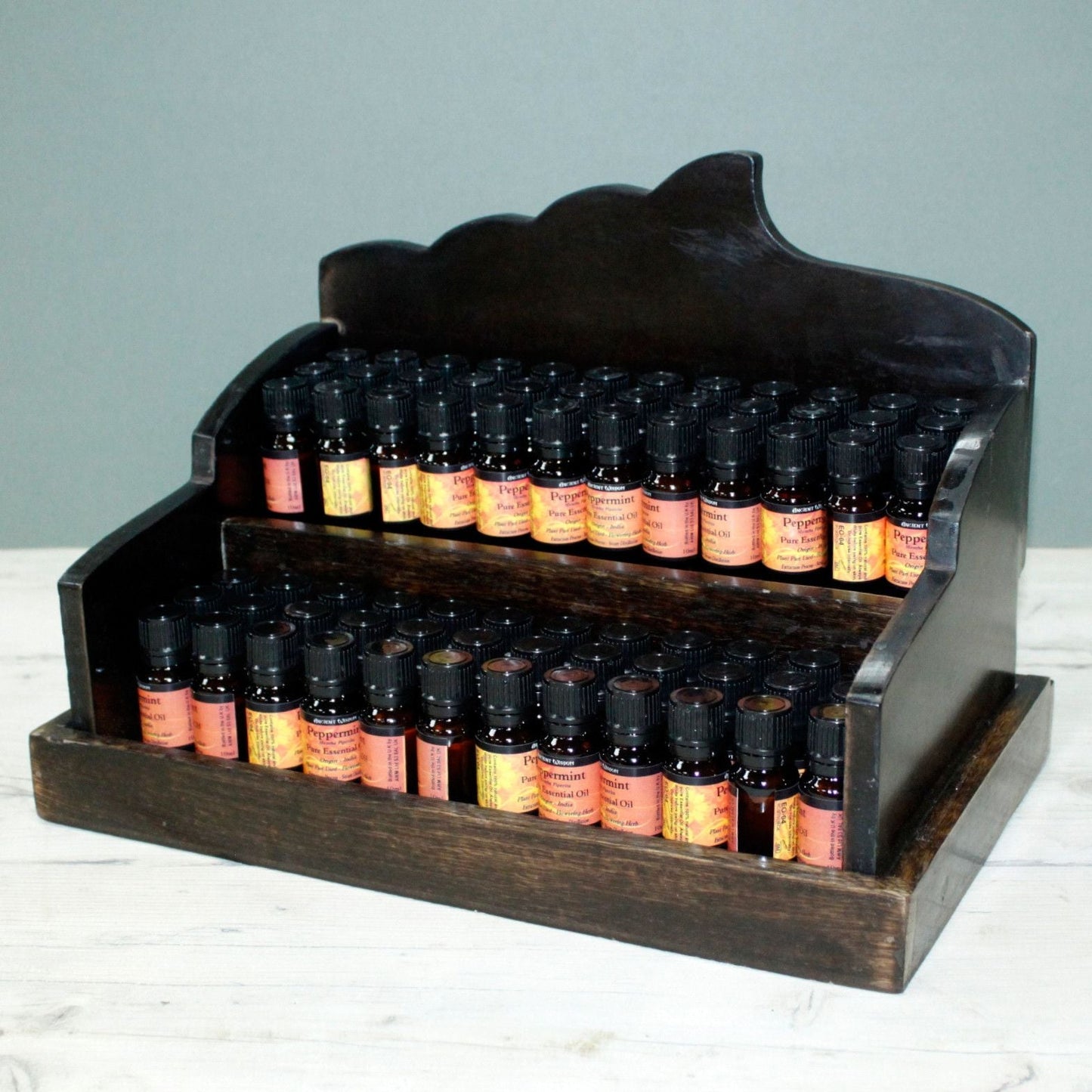 Alt Tag: Mango Wood Mini Display Stand – 22.5x35.5x24.5 CM two-tier countertop retail display stand holding small bottles
