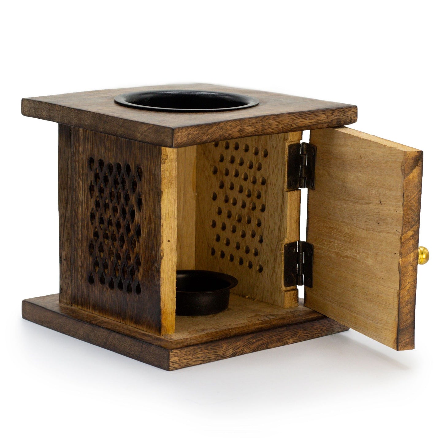 Mango Wood Oil Burner – Tree of Life Design, quemador de aceites artesanal de madera de mango con puerta y cuenco