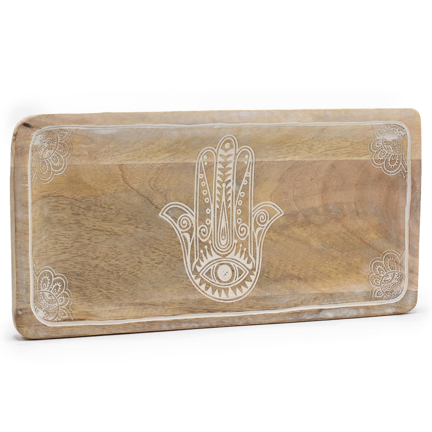 Alt Tag: Mango Wood Tray – Hamsa Whitewash 30x15x2.5CM rectangular whitewashed mango wood serving tray with handcrafted Hamsa design
