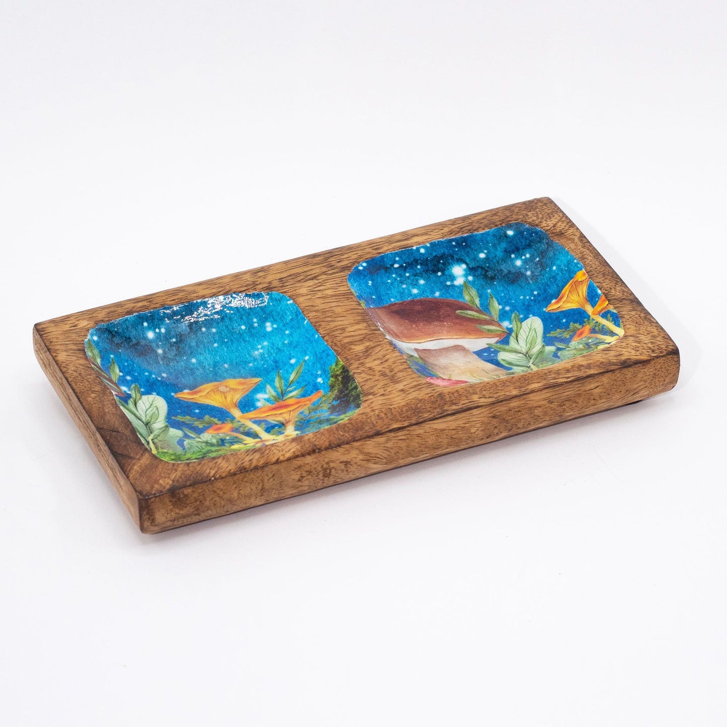 Smyckesbricka i mangoträ – Mushroom Design Teal 20x10x2.5 CM, rektangulär bricka i mangoträ med två fack med teal-färgad svampdesign