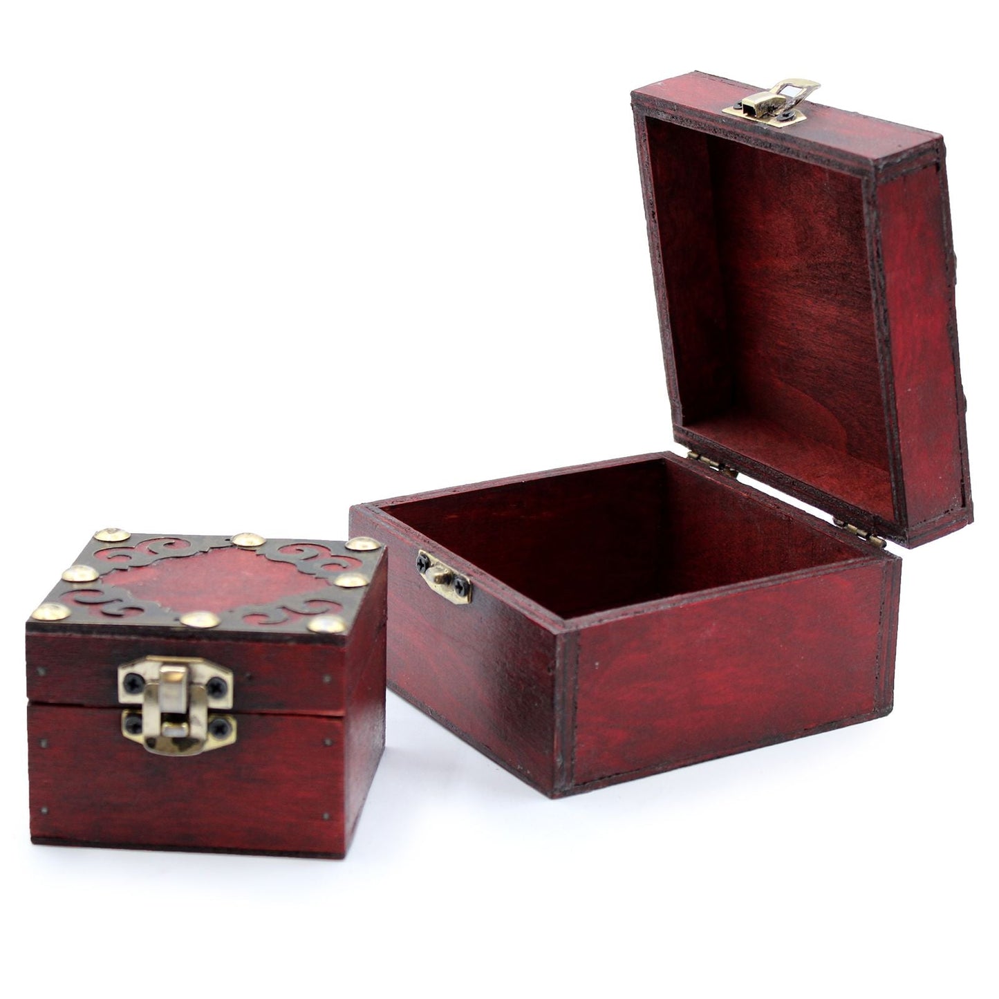 MDF Gothic Square Vintage-Boxen – Set aus 2 roten, quadratischen MDF-Aufbewahrungsboxen mit Messingbeschlägen und Klappdeckel, Set aus zwei