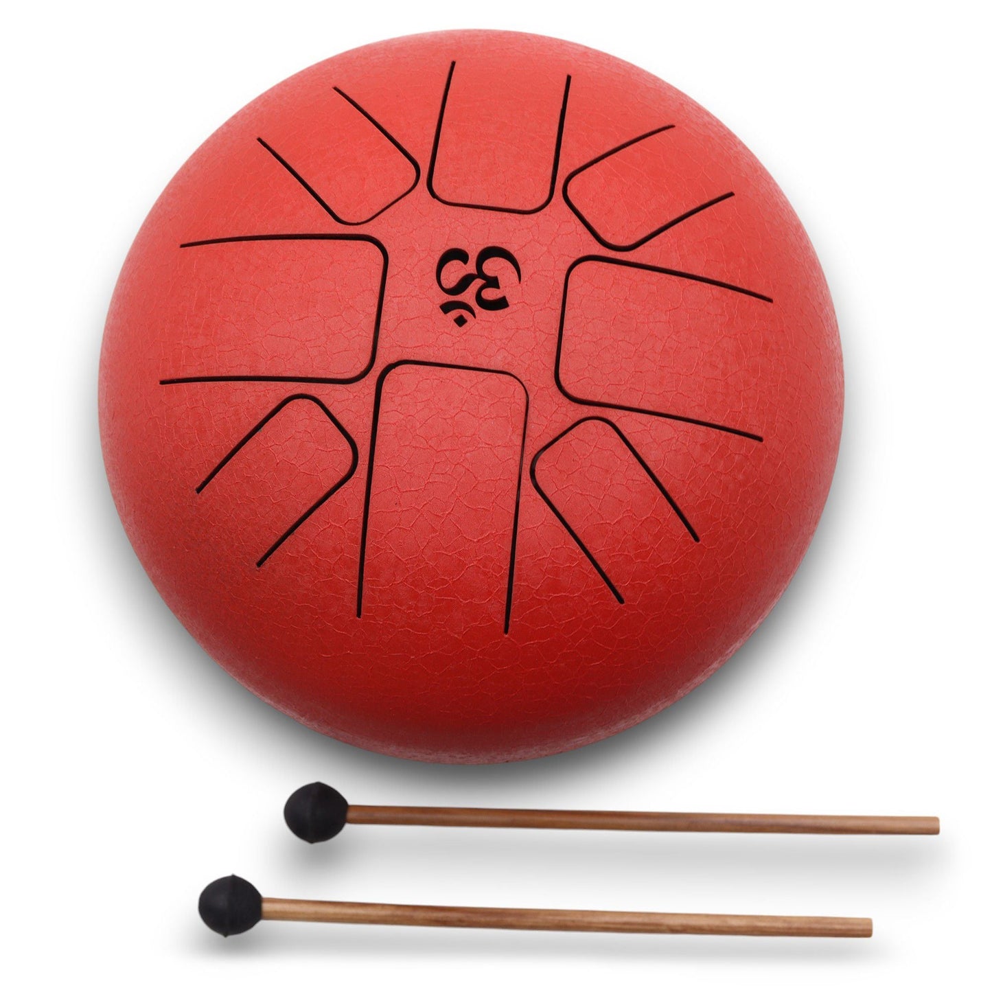 Alt Tag: Metal Steel Tongue Drum – Red Om 22x16 CM, tambor de lengua de acero rojo con símbolo Om y mazos