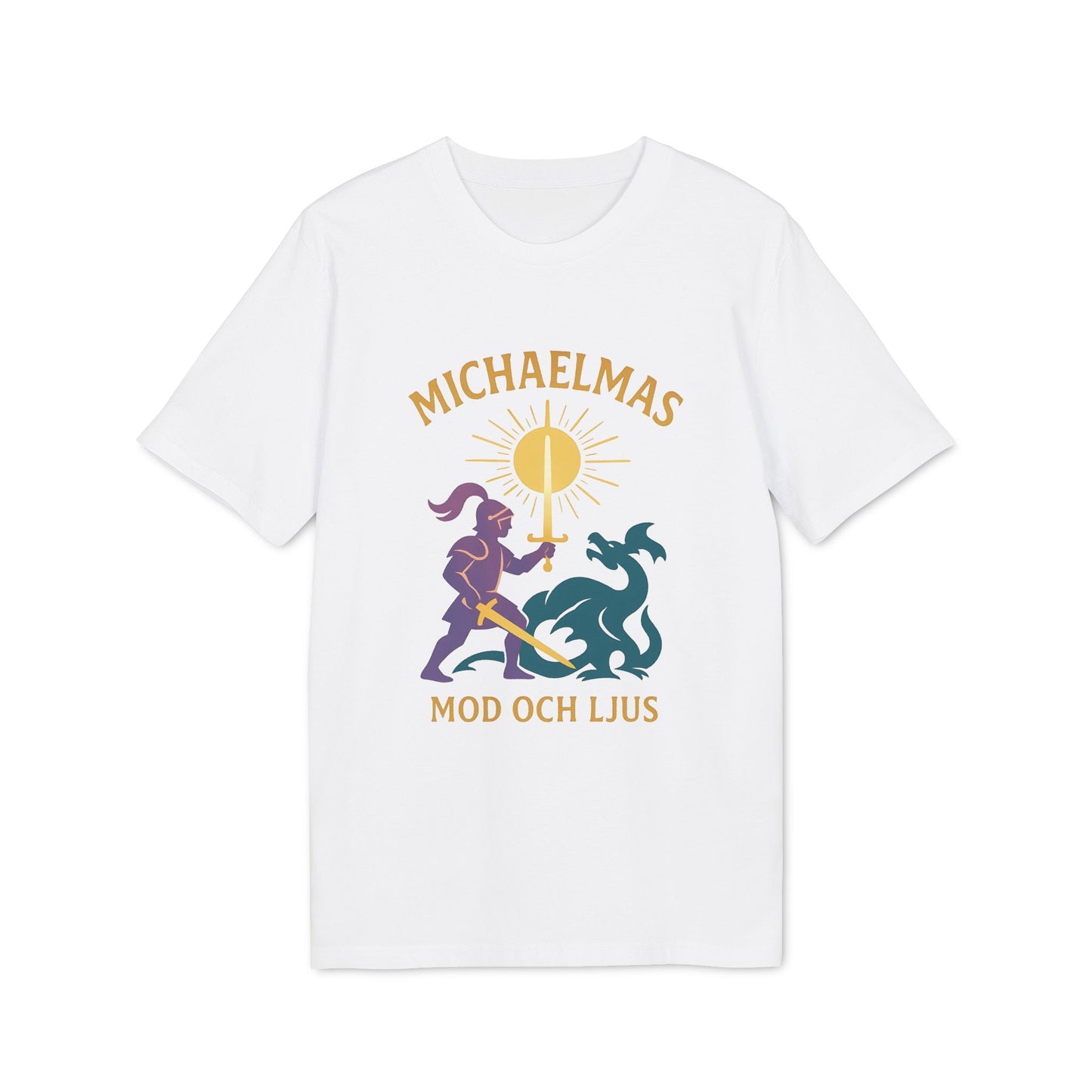 Alt Tag: Michaelmas Mod Ljus 100% Organic Cotton T-Shirt white graphic tee with knight and dragon illustration and sunburst print