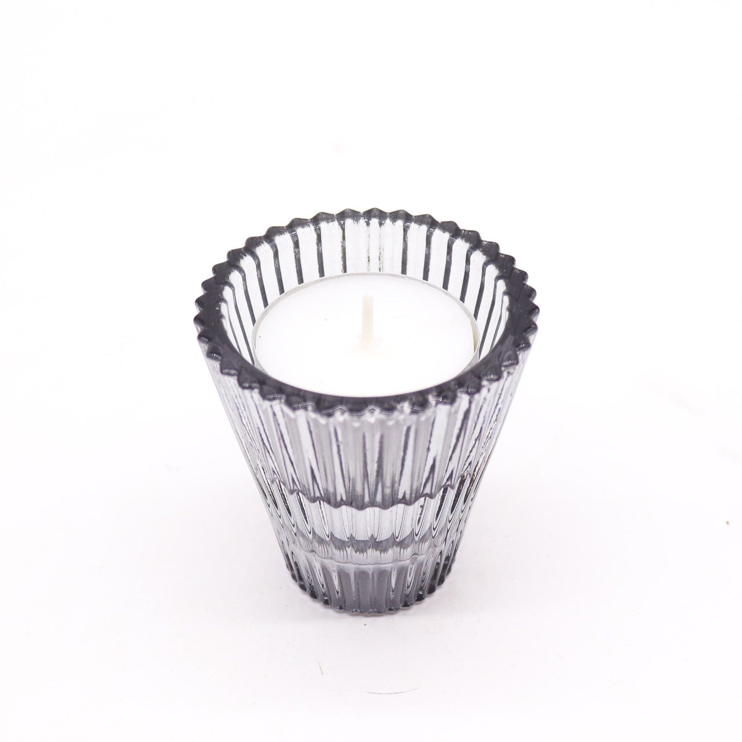 Midnight Grey Glass Candle Holder Set – 6x6 CM pressed glass candle holder with ribbed texture, grey finish, holding a white candle