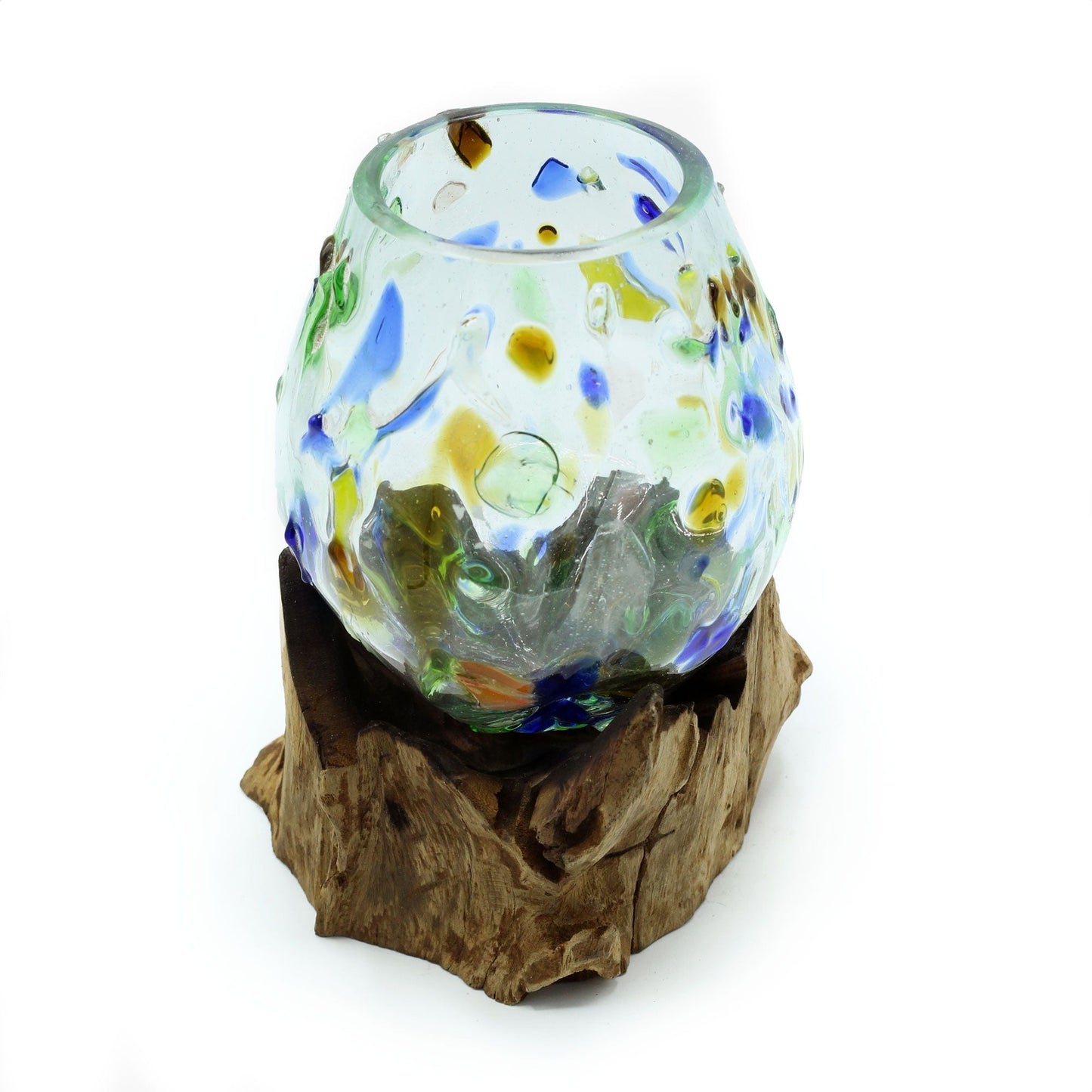 Molten Coloured Glass on Wood – Medium Bowl handmade coloured glass bowl on natural wood base, artisan décor centerpiece