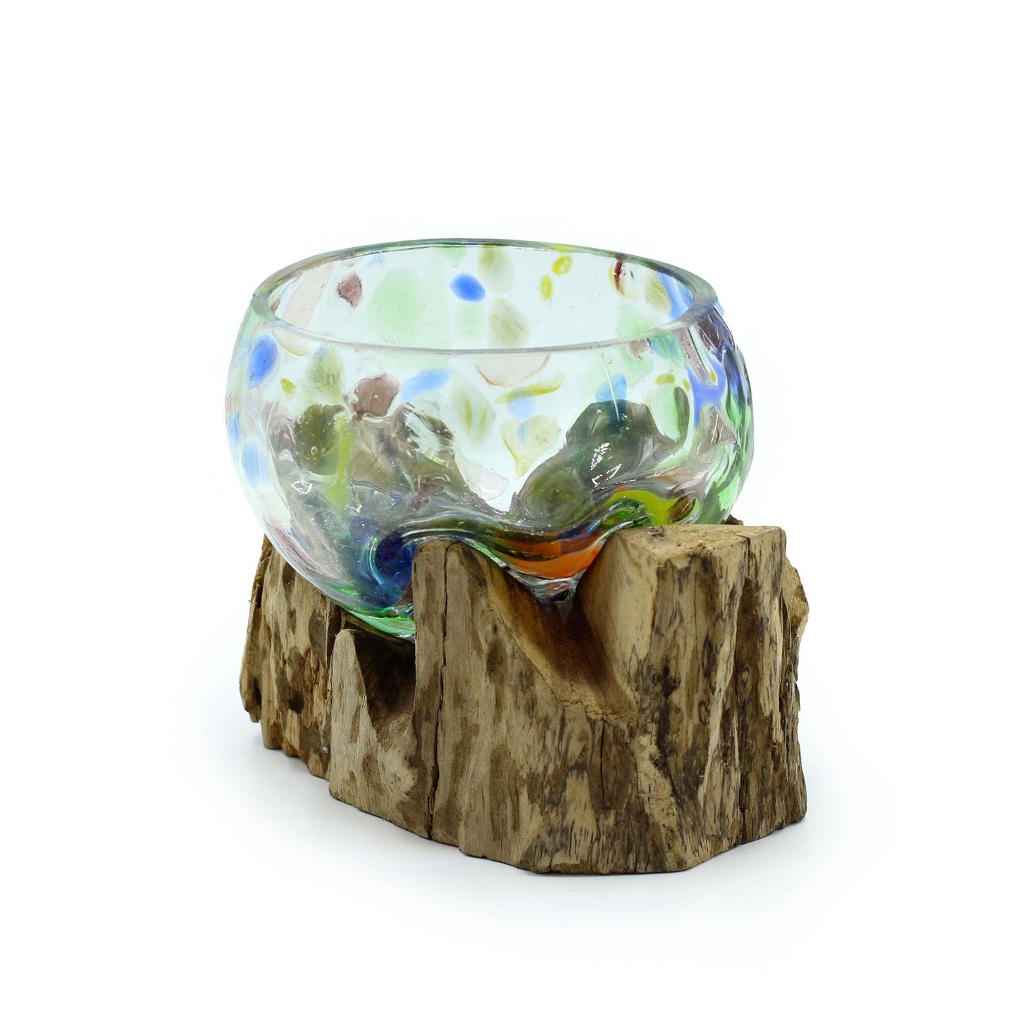 Molten Coloured Glass on Wood – Small Bowl, hand-blown colored glass bowl resting on reclaimed natural wood base