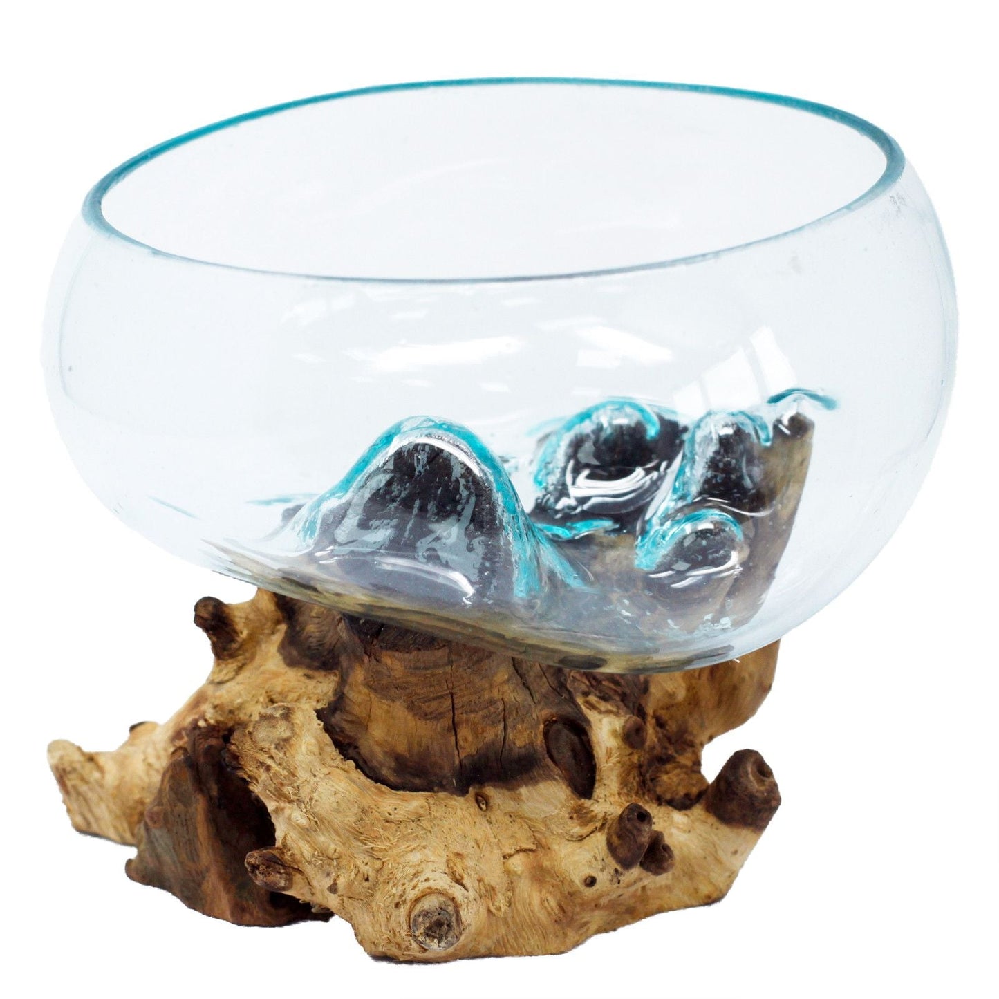 Molten Glass on Wood – Open Large Bowl handcrafted clear glass bowl fused to reclaimed natural wood base centerpiece