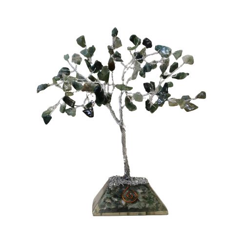 Alt Tag: Moss Agate Gemstone Tree – 80 Stones with green agate chips on metal branches, 15 cm, on orgonite resin base