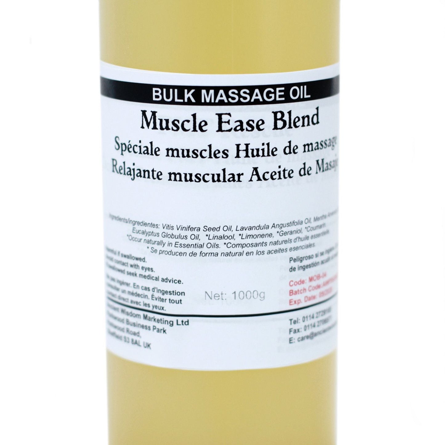 Muscle Comfort Massageolja – 1 kg storflaska massageolja 1000 g, närbild på etiketten Muscle Ease Blend