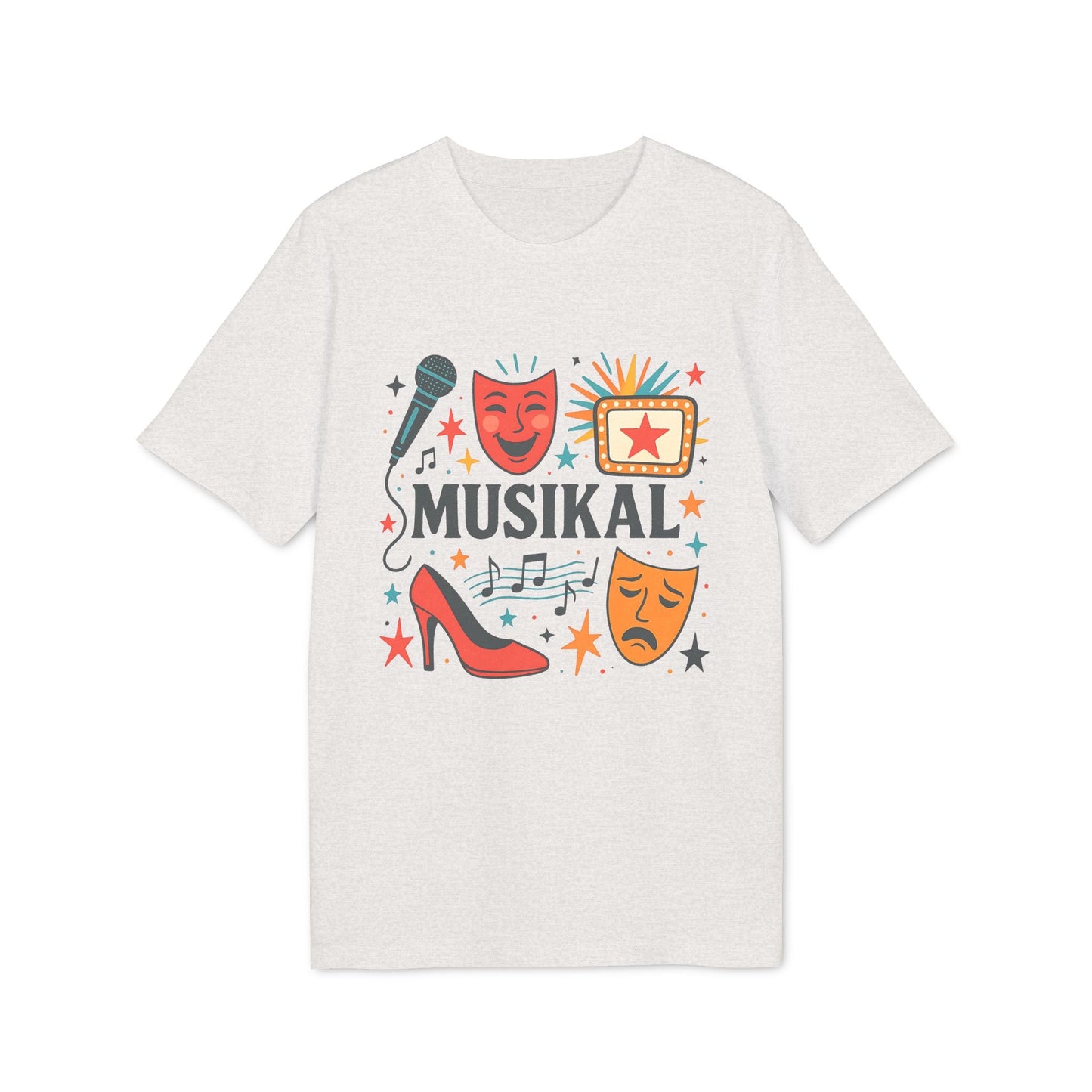 Alt Tag: Musikal Alla Som Älskar Musikal 100% Organic Cotton T-Shirt med musikaltryck, mikrofon, teatermasker, noter och klackskor
