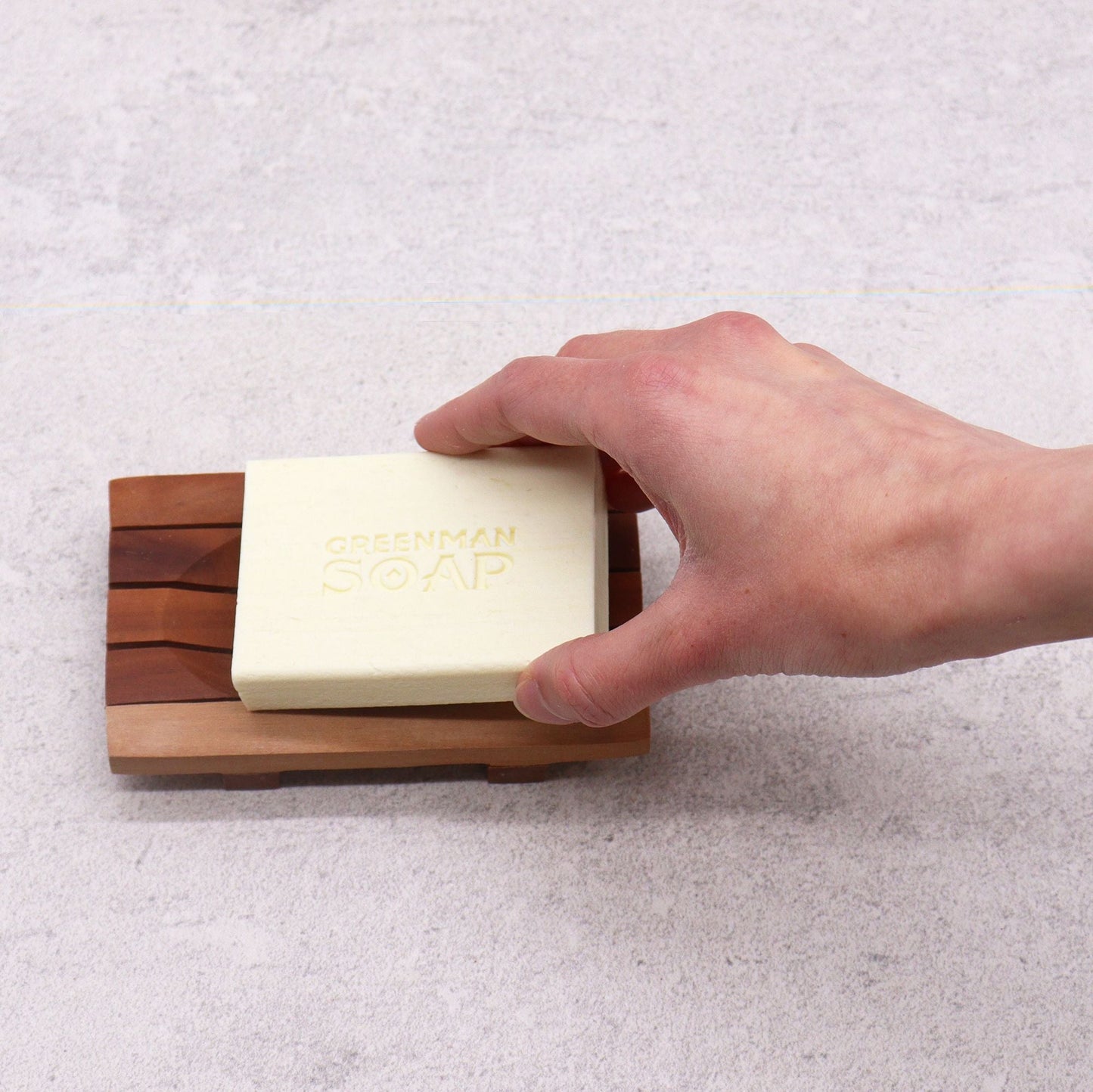Alt Tag: Naseberry Wood Soap Dish – Grid Drainer 13x6 CM with bar soap on wooden grid drainer in bathroom setting