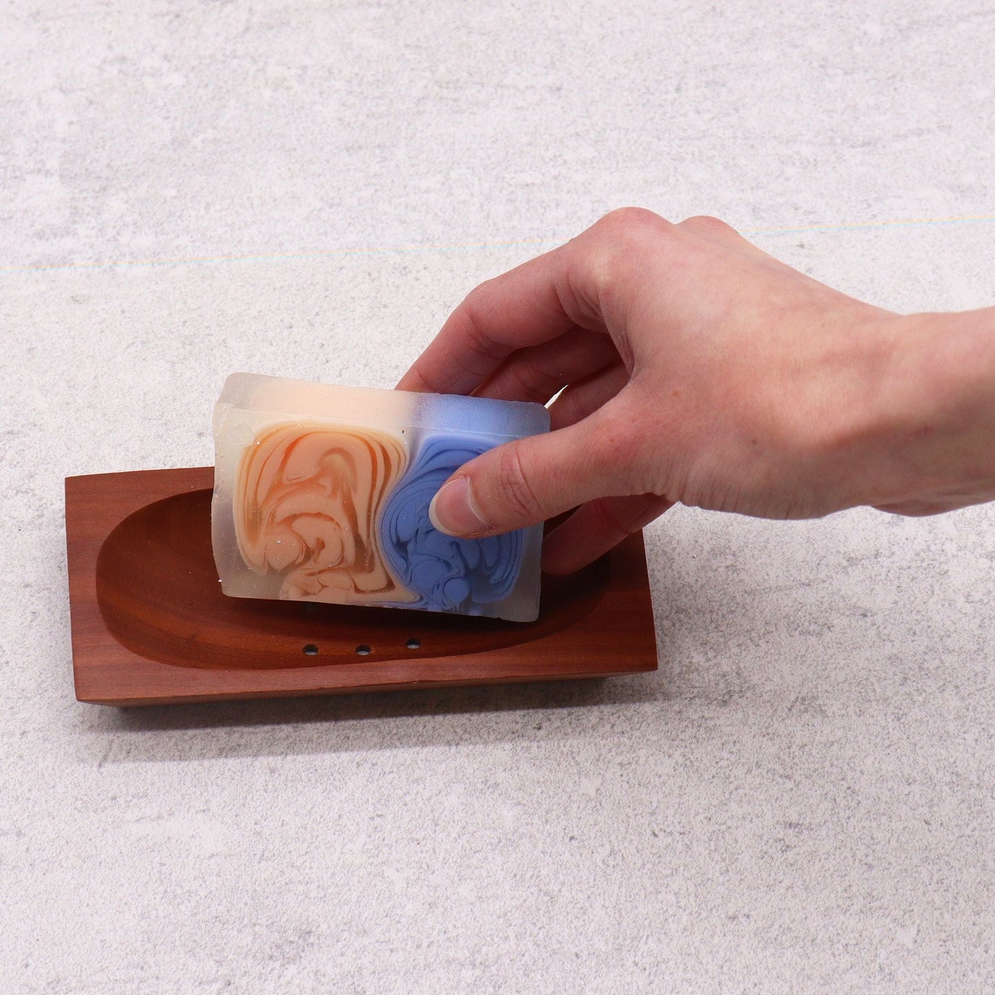 Alt Tag: Naseberry Wood Soap Dish – Rectangular 14.3x7.8 CM mahogany soap dish with drainage slots, hand placing bar soap