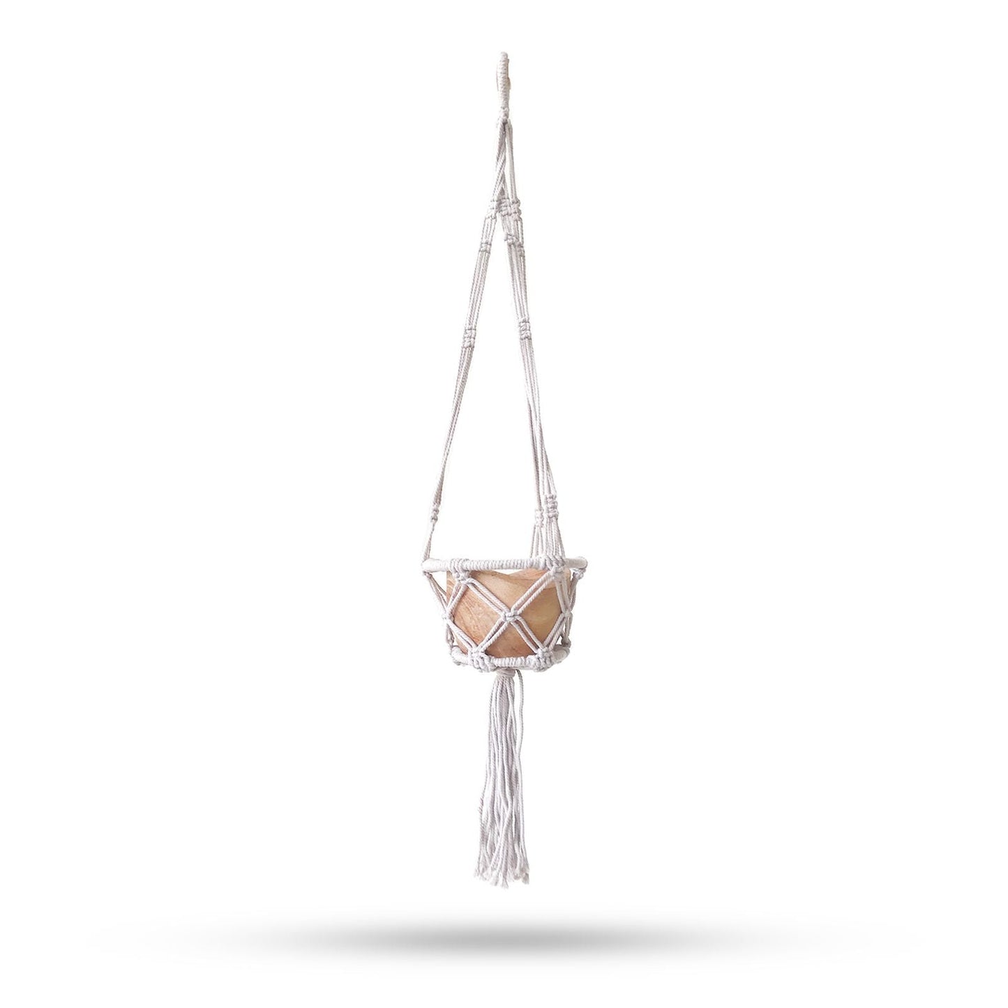 Natural Cotton Macrame Pot Holder – 16CM Hoop hanging planter holder with wooden hoop, natural cotton macrame, tassel, white background