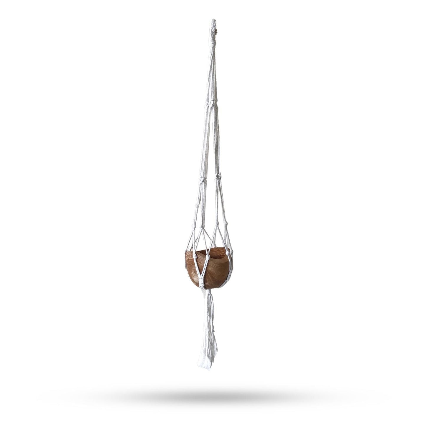 Natural Cotton Macrame Pot Holder – Medium, white handcrafted macrame plant hanger holding a brown pot, front view