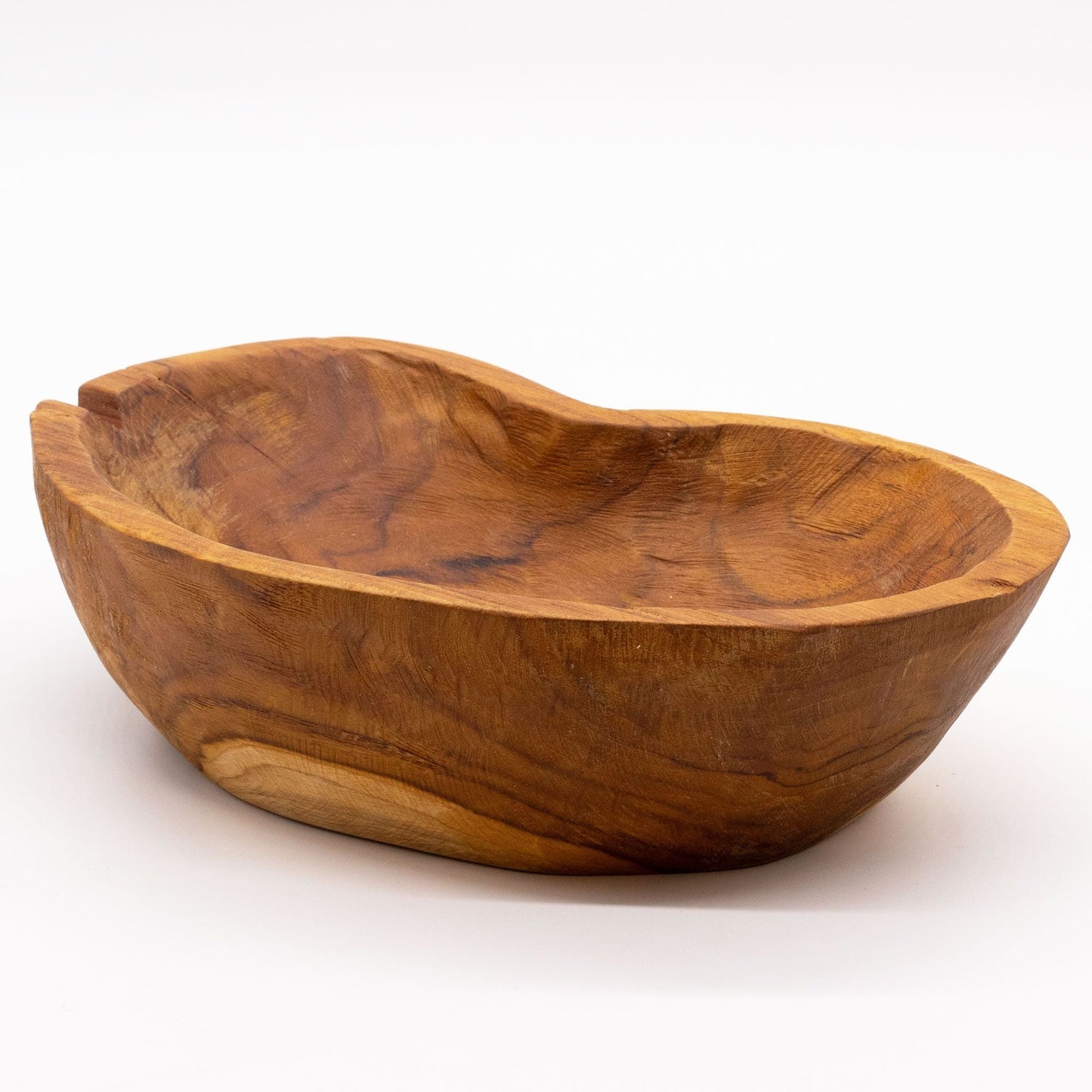 Alt Tag: Natural Teak Wood Fruit Bowl – 31x22x8CM handcrafted rustic teak wood serving bowl with natural grain, oval shape on white background
