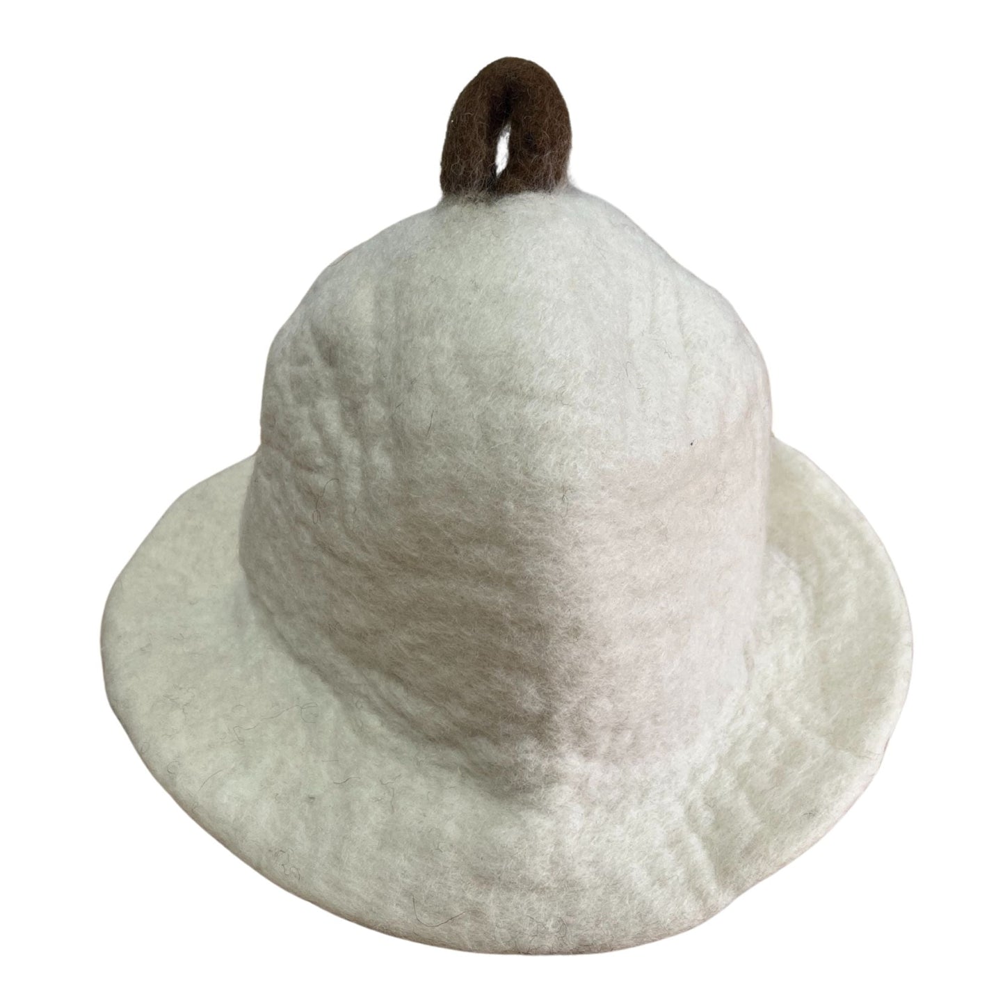 Alt Tag: Natural Wool Felt Sauna Hat – 27x34 CM, handmade white wool felt sauna hat with wide brim and hanging loop, Nepal