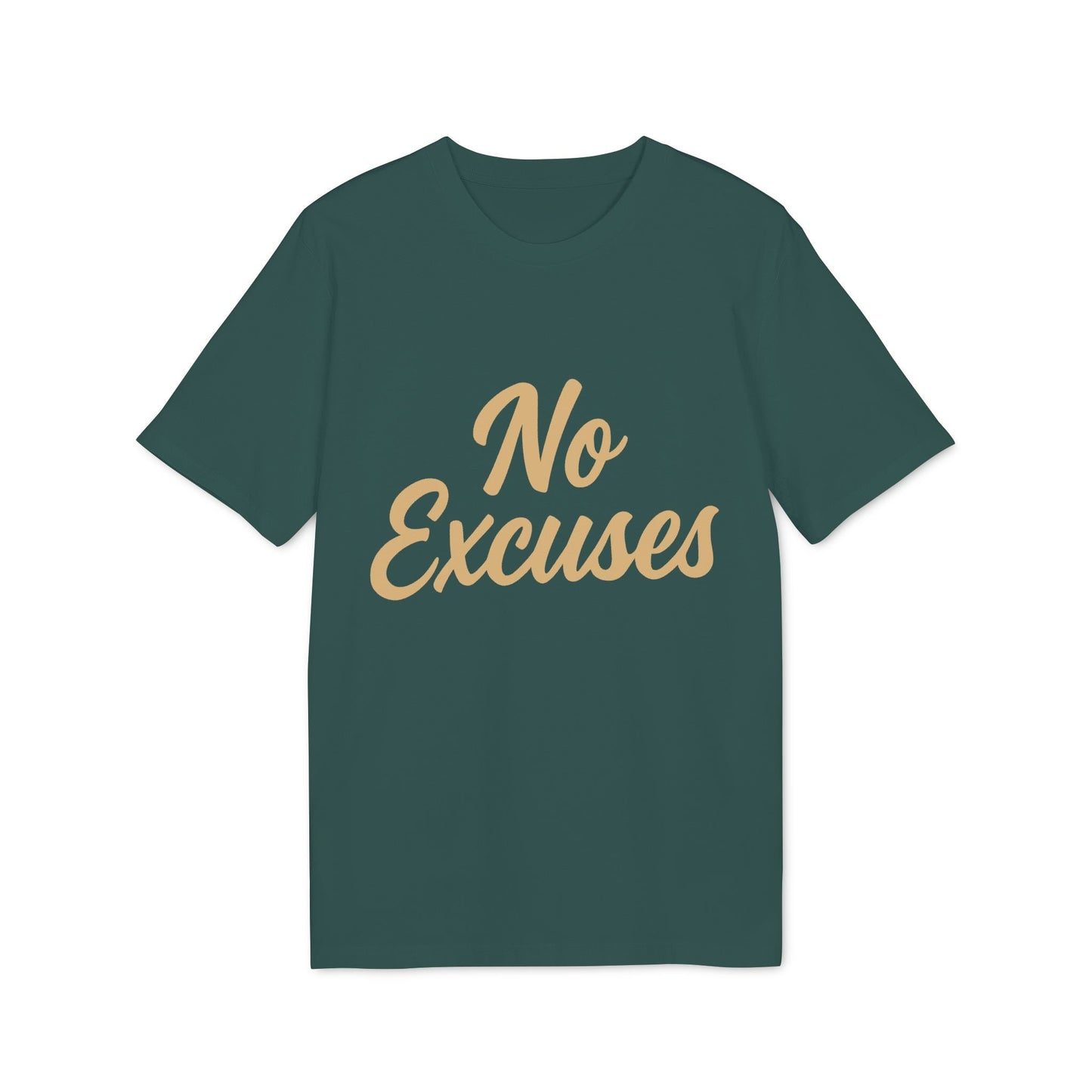 Alt Tag: No Excuses Athletes 100% Organic Cotton T-Shirt green crewneck tee with “No Excuses” script graphic on front