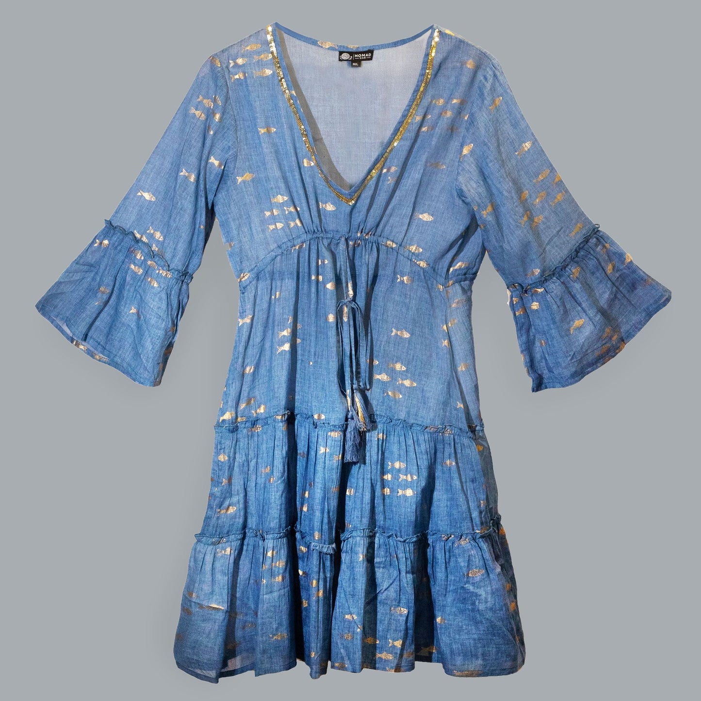 Nomad Sari Mediterranean Dress – Size S blue V-neck dress with gold print, flutter sleeves and tiered skirt