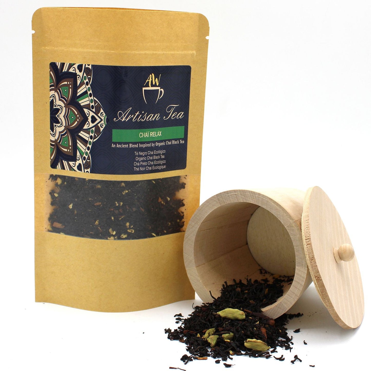 Organic Chai Black Tea – 50 g pouch with loose leaf black tea and warming spices, Artisan Tea packaging with wooden container