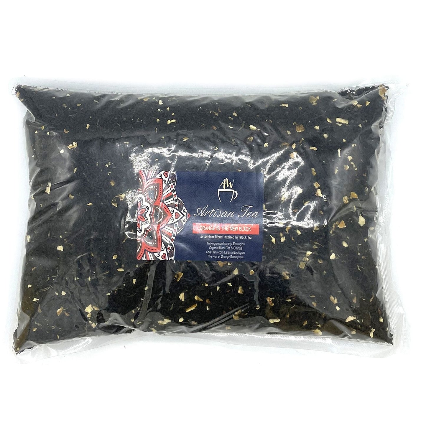 Organic Naranja Black Tea – 1 KG bolsa de 1 kg de té negro orgánico con trozos de naranja en empaque transparente
