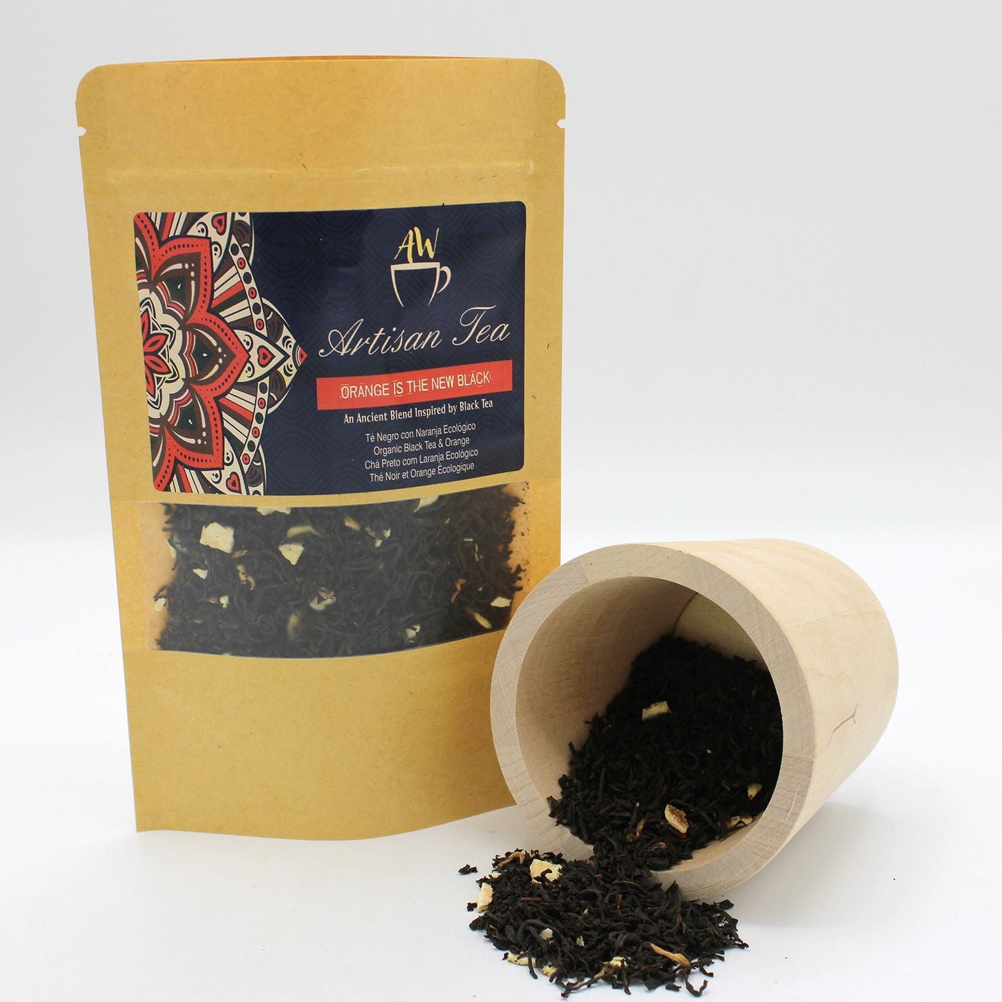 Alt Tag: Organic Naranja Black Tea – 50 g paquete de té negro orgánico con naranja, hojas sueltas en bolsa y cucharón de madera