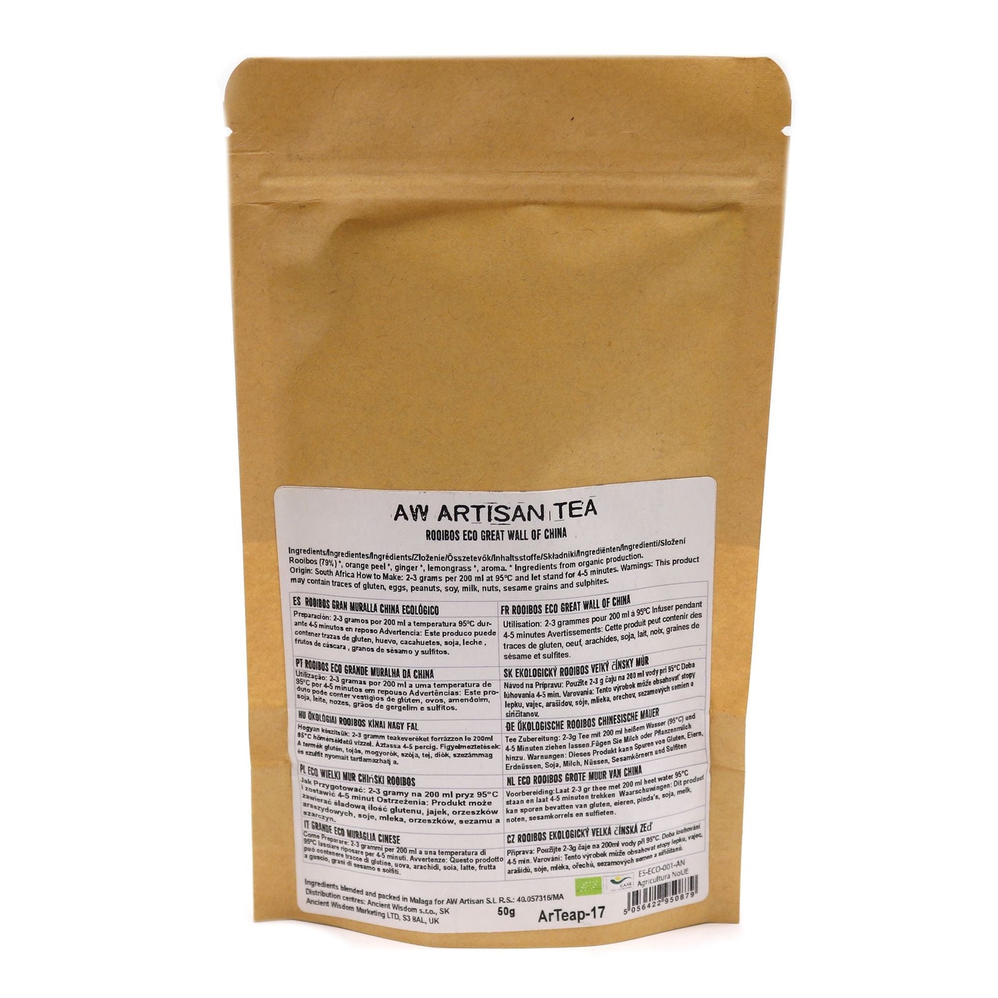 Alt Tag: Organic Rooibos Tea Blend – 50G in kraft pouch, AW Artisan Tea label, rooibos with orange peel, ginger and lemongrass