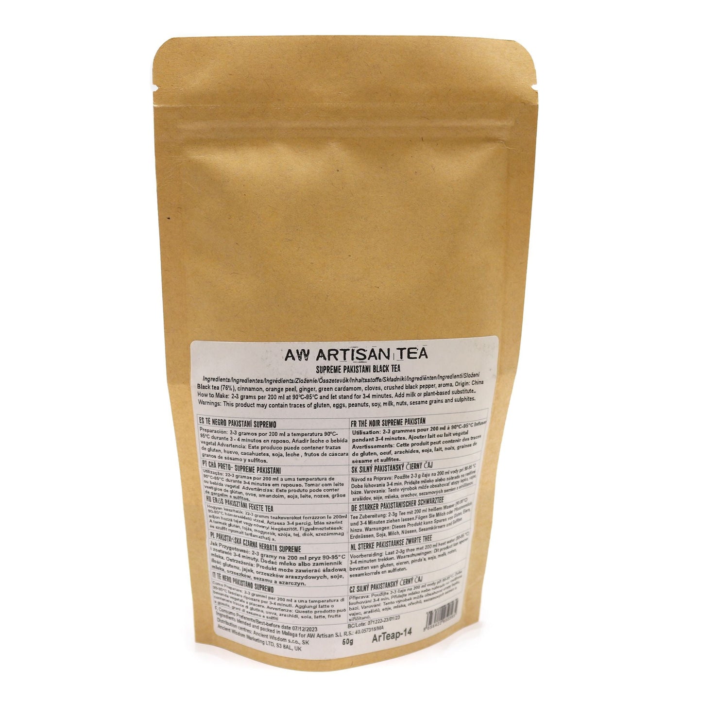 Alt Tag: Pakistani Black Tea – Black Magic Blend 50G artisan tea pouch back label with ingredients and brewing instructions