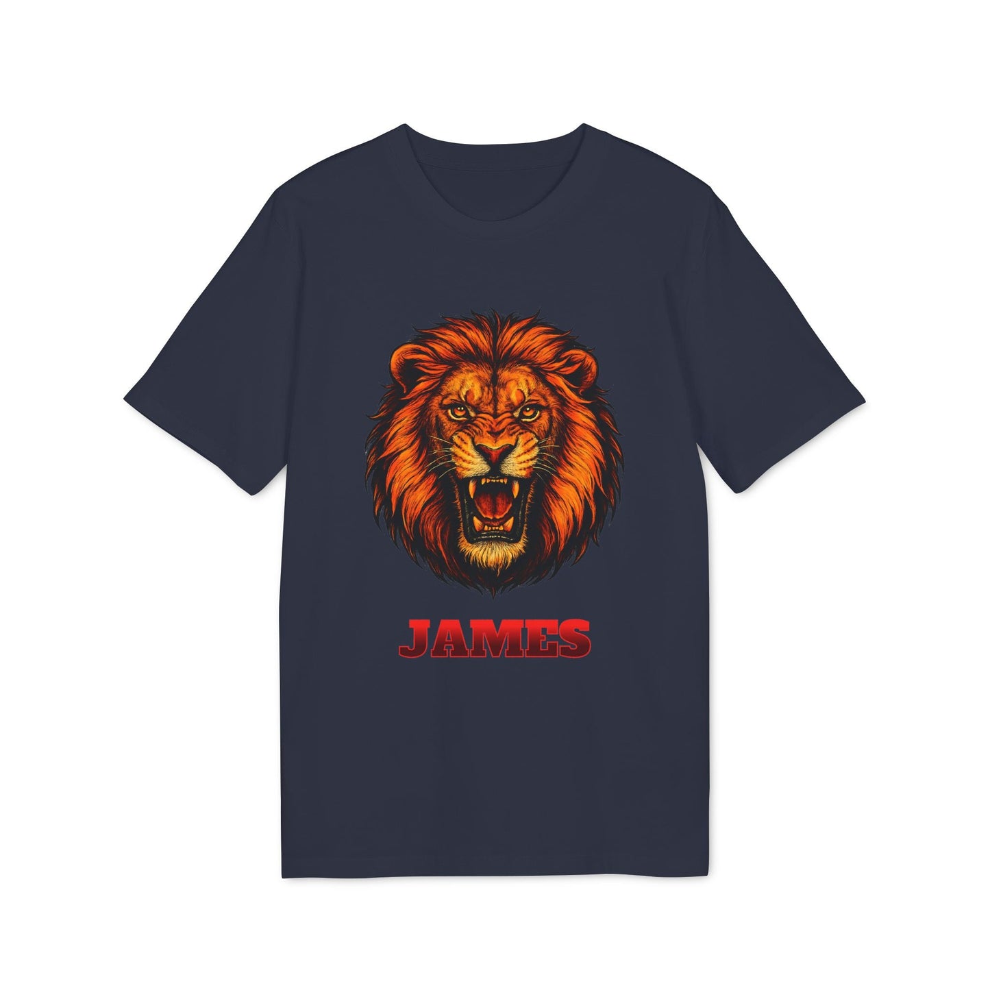 Personalized Lion Attack Marcial Arts Design Sustainable Unisex Tee navy t-shirt with roaring lion graphic and JAMES name print