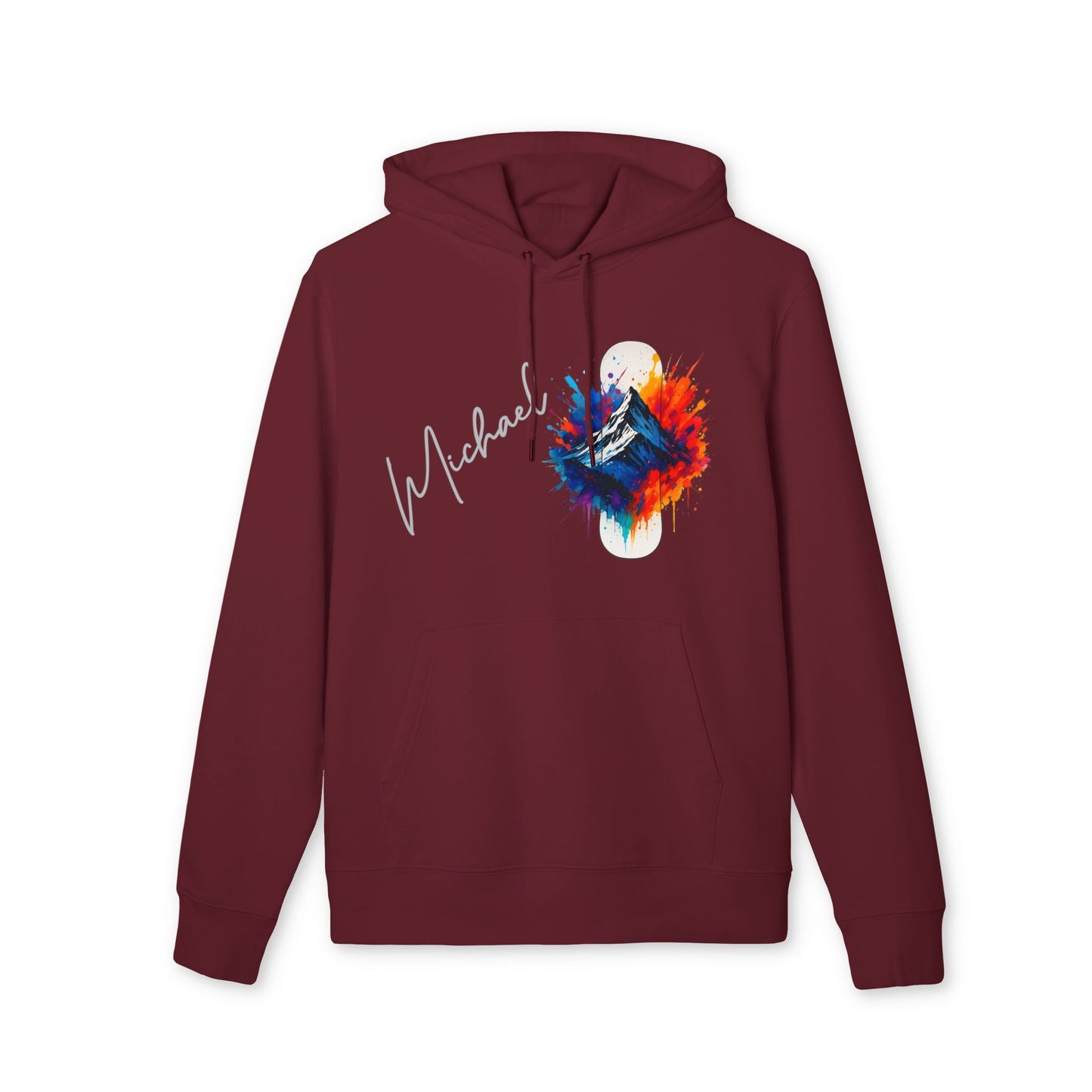 Alt Tag: Personalized Snowboard 100% Organic Cotton Hoodie in burgundy with custom name Michael and colorful snowboard mountain graphic