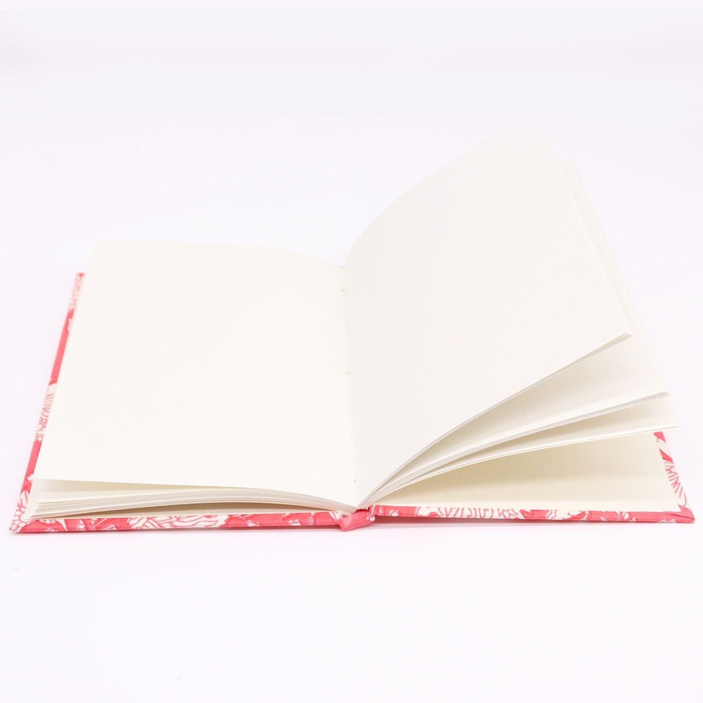 Alt Tag: Pink Floral Cotton Notebook – 20x15 CM open view with blank handmade paper pages and pink floral cotton cover