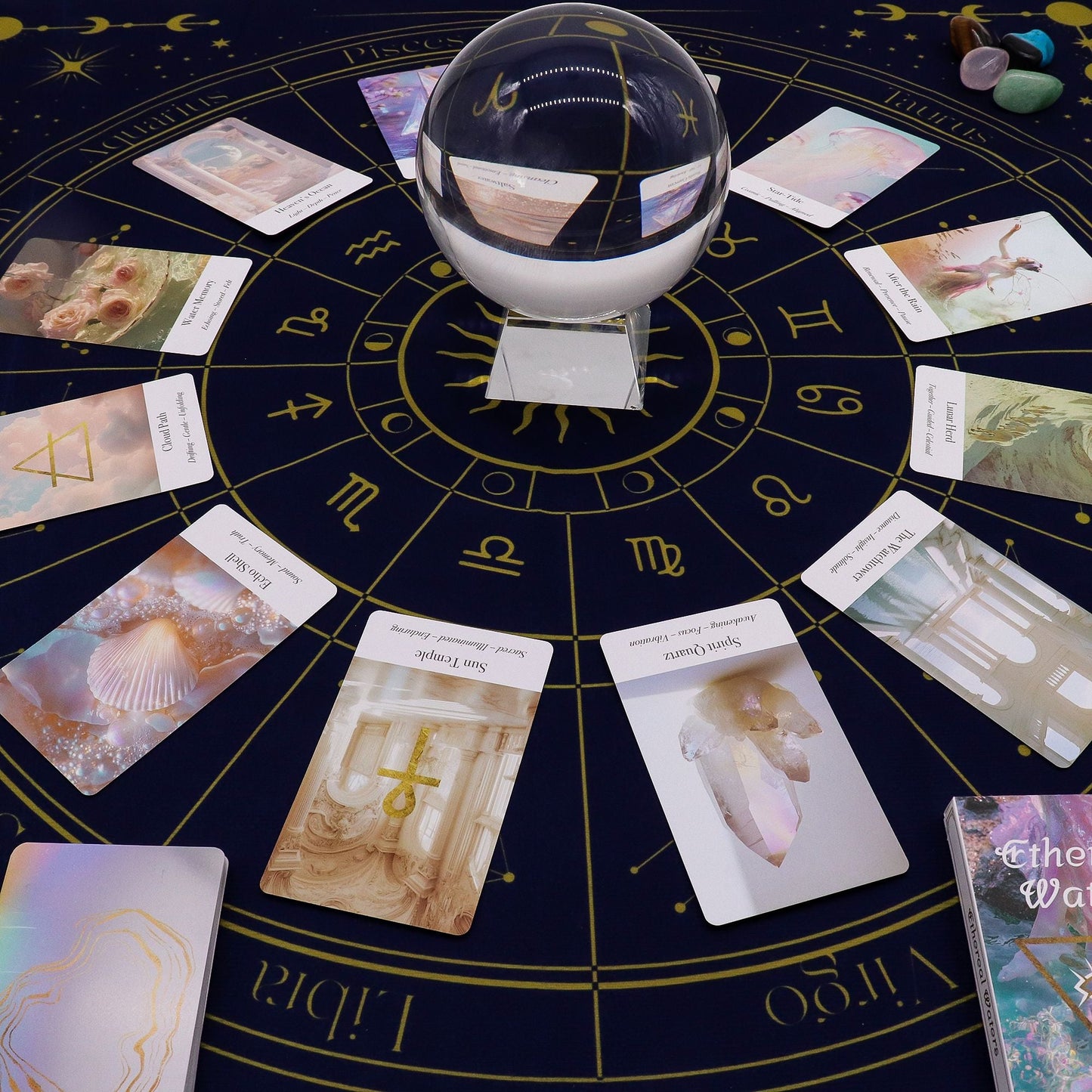 Alt Tag: Polyester Zodiac Tarot Reading Cloth – 75x75 CM with zodiac wheel design, tarot cards and crystal ball setup for tarot or oracle readings