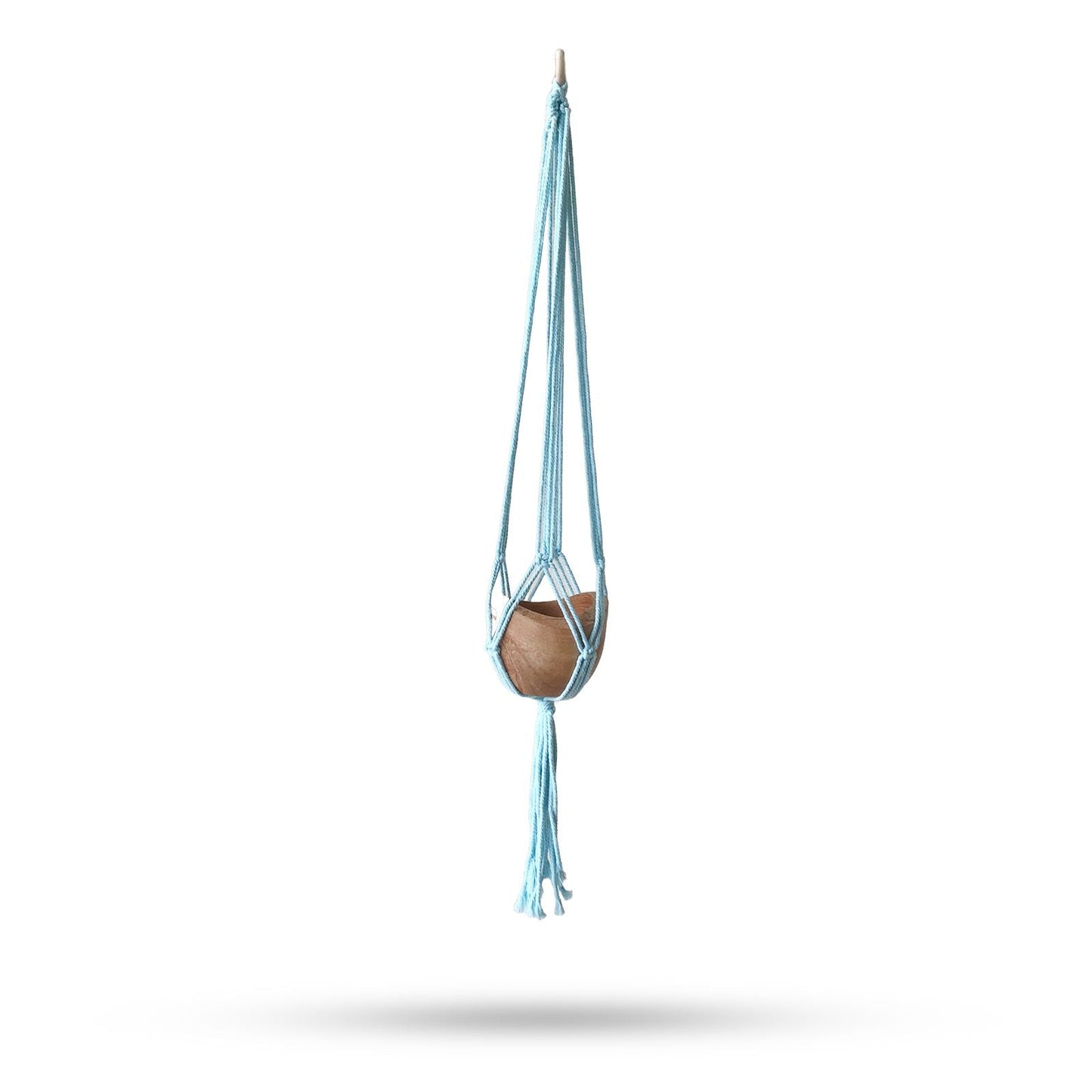 Alt Tag: Powder Blue Macrame Pot Holder – Medium hanging cotton plant holder with wooden pot on white background
