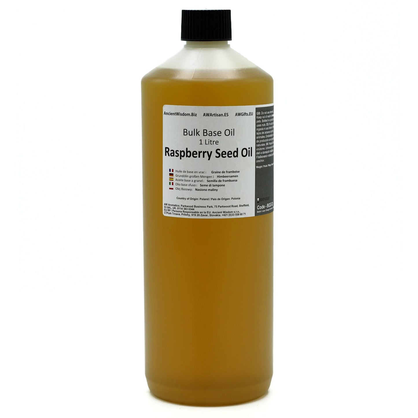 Premium Raspberry Seed Oil – 1 Litre, botella de 1 litro de aceite de semilla de frambuesa (bulk base oil) con etiqueta frontal