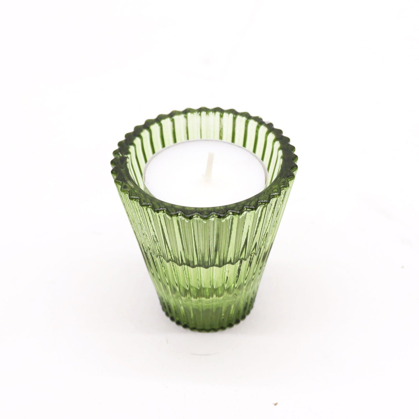 Pressed Glass Candle Holders – Garden Jade Set of 2 green ribbed pressed glass tealight candle holder with white candle