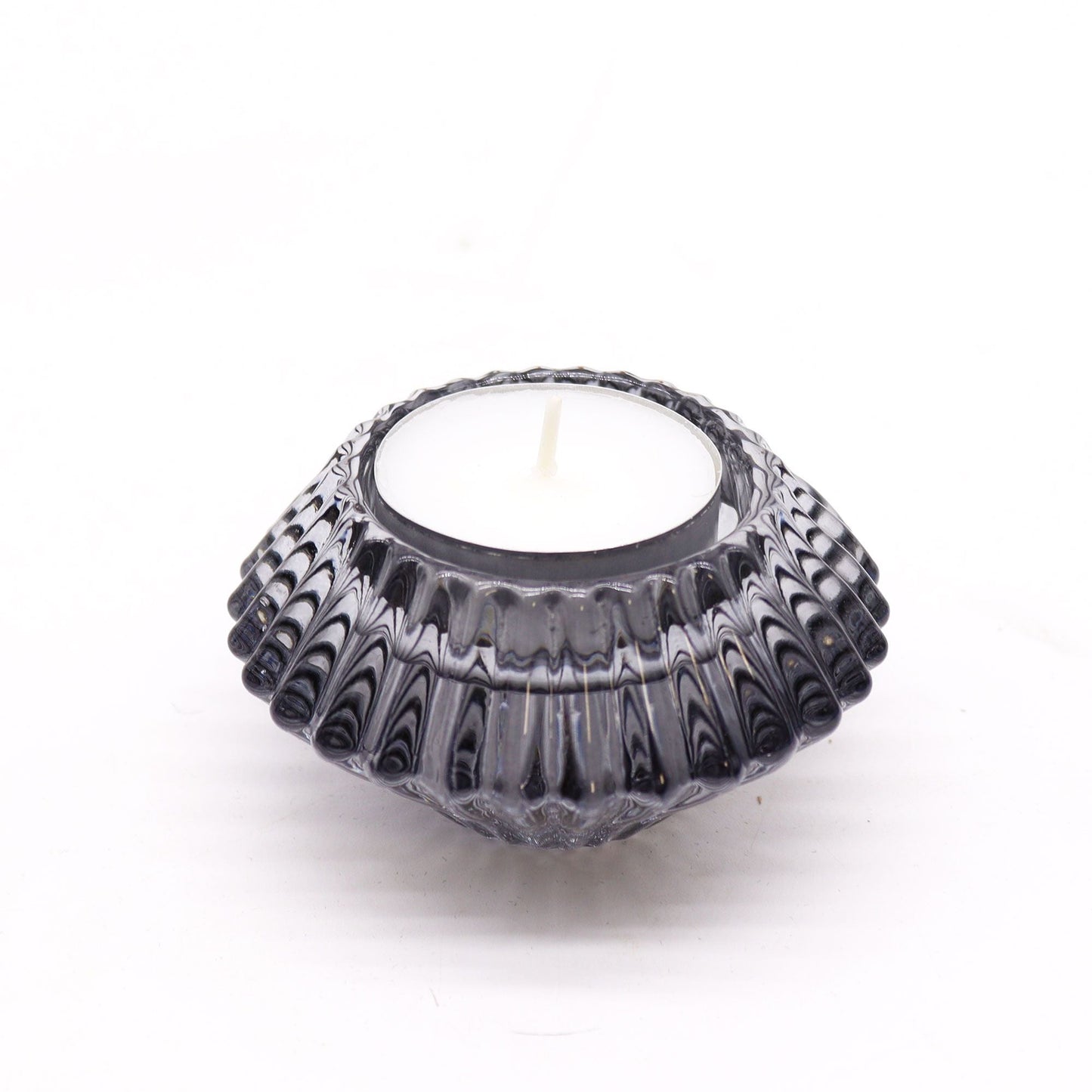 Pressed Glass Candle Holder Set – Midnight Grey pressed glass tealight holder in midnight grey tone, ribbed design