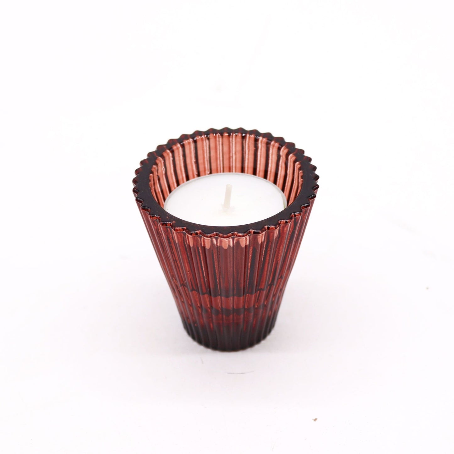 Alt Tag: Pressed Glass Candle Holder Set – Vampire Red pressed glass tealight candle holder in ribbed red glass, 6x6 cm