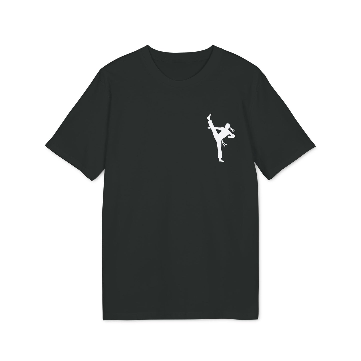 Alt Tag: Professional Karate 100% Organic Cotton T-Shirt black tee with white karate kick silhouette graphic on chest