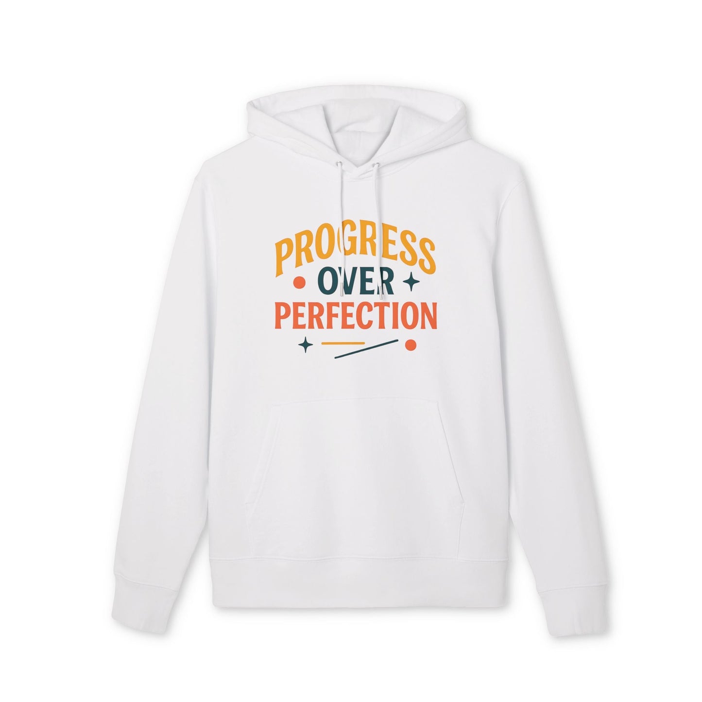 Progress Over Perfection Premium Unisex Hoodie blanca de algodón orgánico con capucha y mensaje "Progress Over Perfection" en naranja